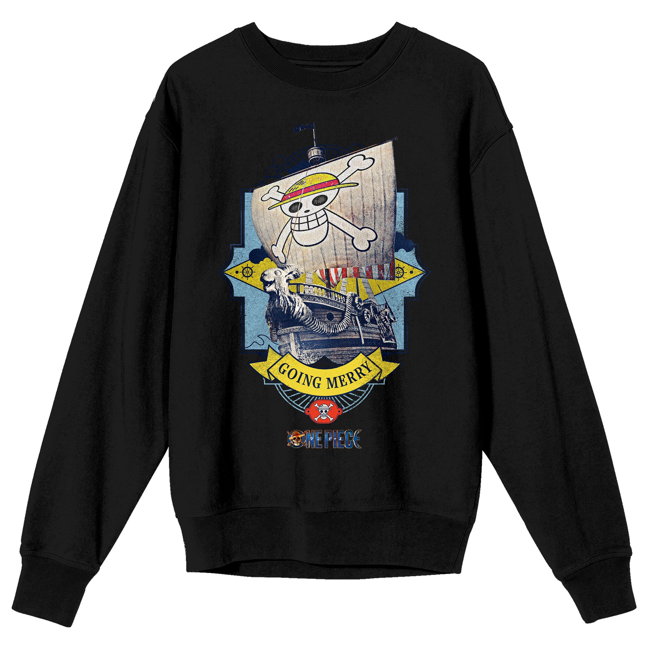 One Piece (Live Action) Going Merry Pirate Ship Adult Black Crew Neck Sweatshirt-XXL