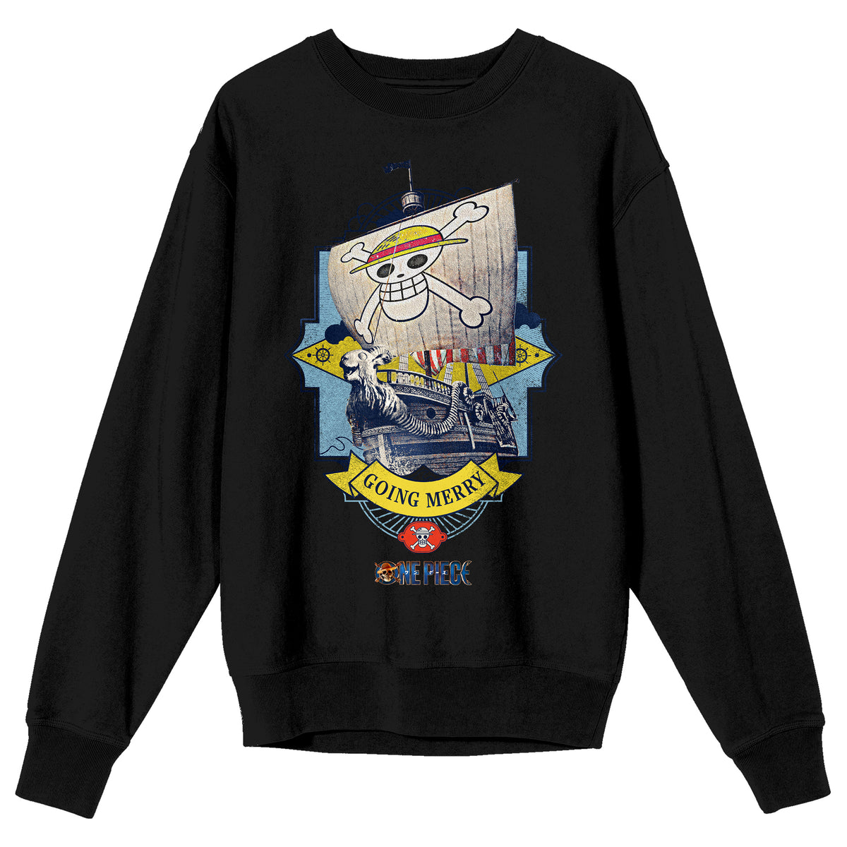 One Piece (Live Action) Going Merry Pirate Ship Adult Black Crew Neck Sweatshirt