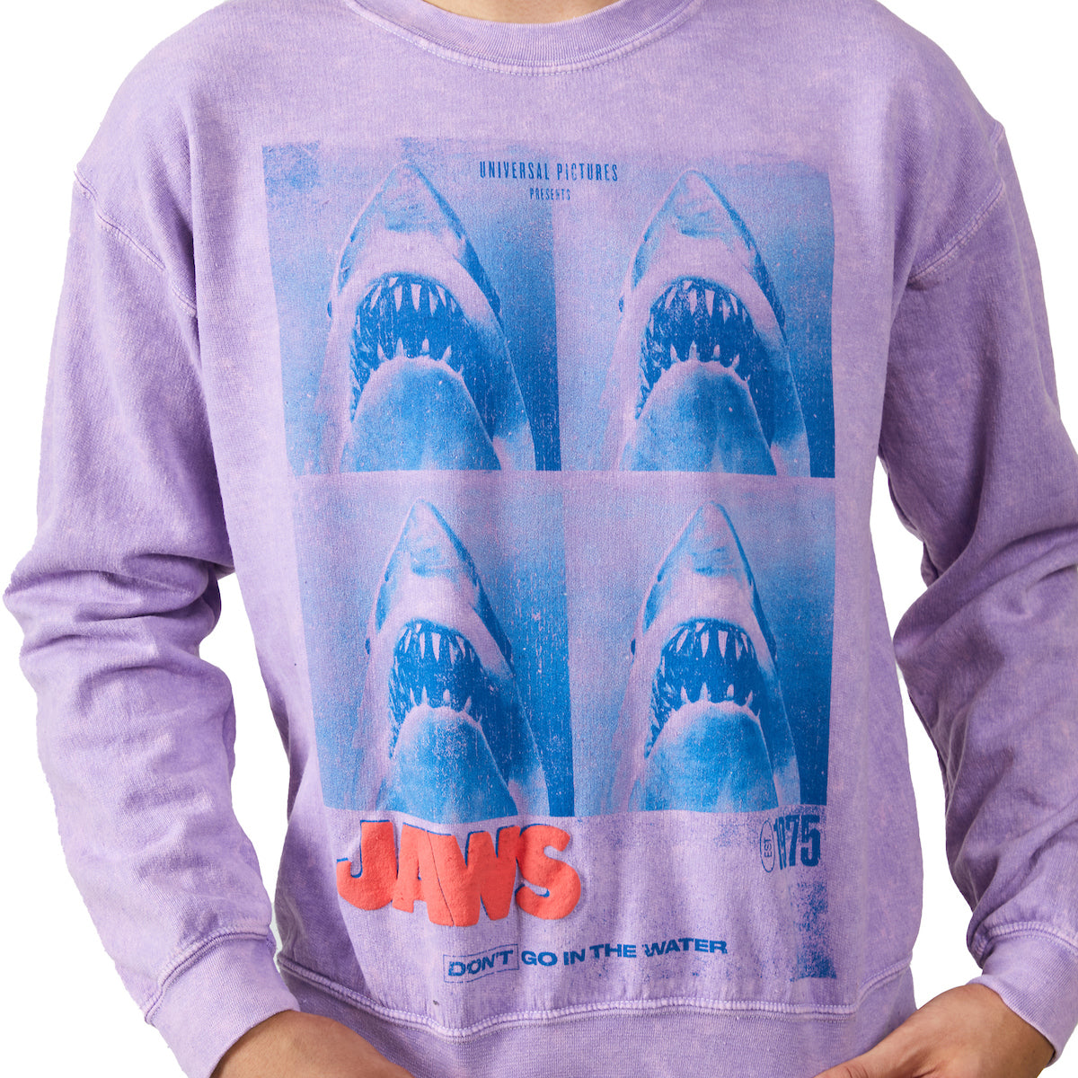 Jaws Shark Four Square Poster Art Crew Neck Long Sleeve Lilac Wash Adult Sweatshirt
