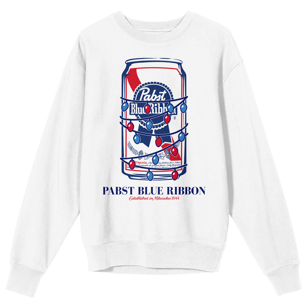 Pabst Blue Ribbon Wrapped in Christmas Lights Men's White Crew Neck Sweatshirt