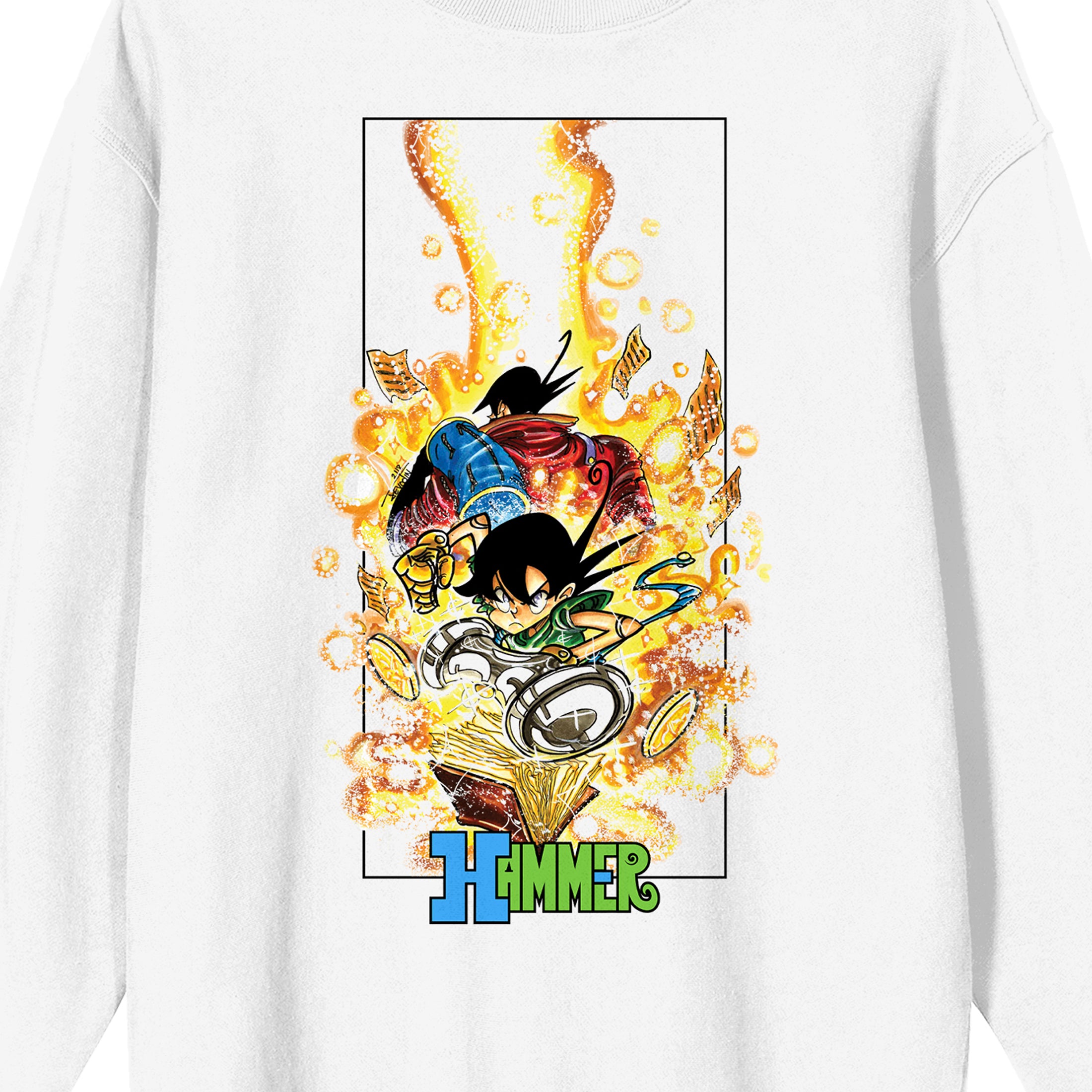Hammer Stud with Books and Gold Coins Adult White Crew Neck Sweatshirt-XL