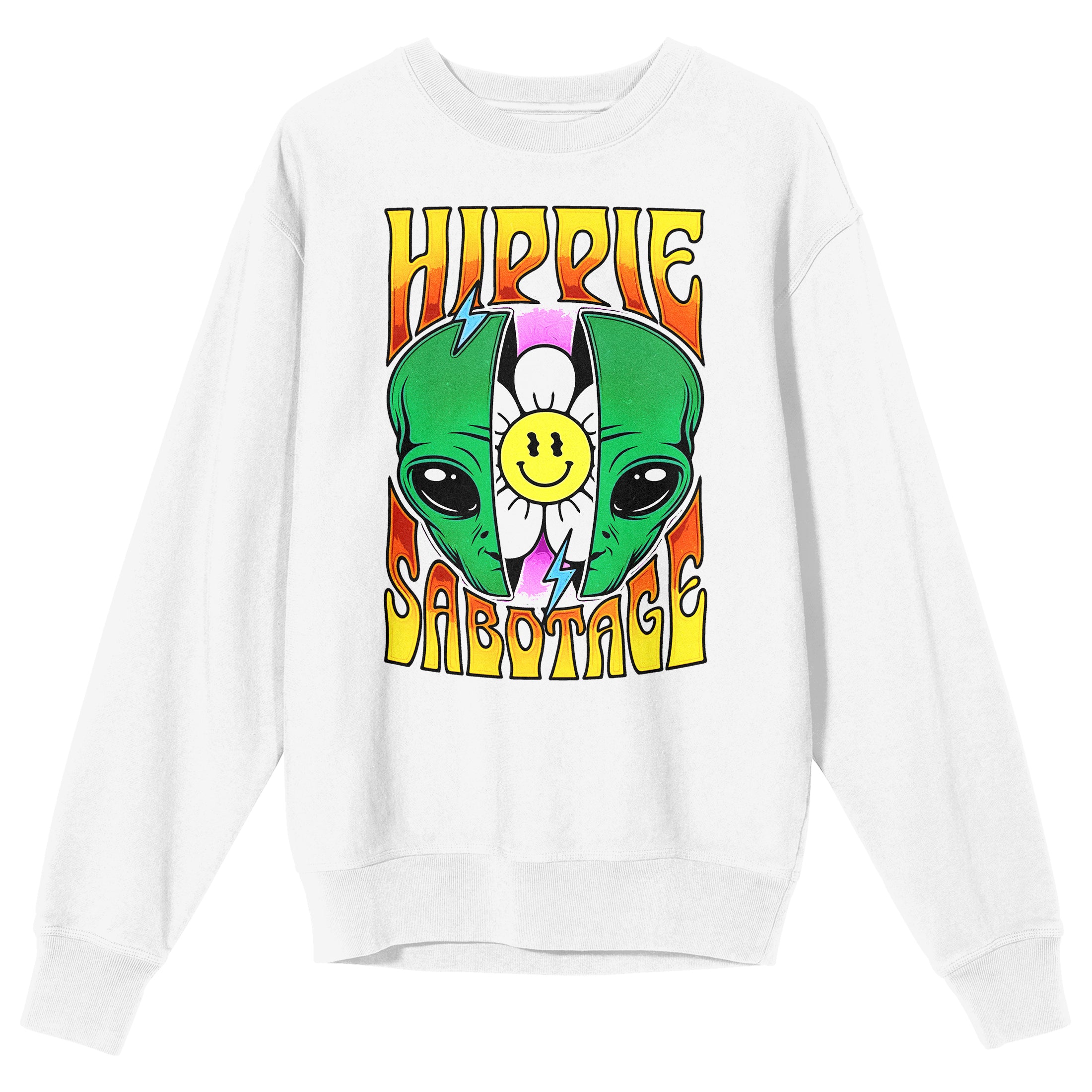 Hippie Sabotage Alien Head Smiling Sunflower Crew Neck Long Sleeve White Adult Sweatshirt