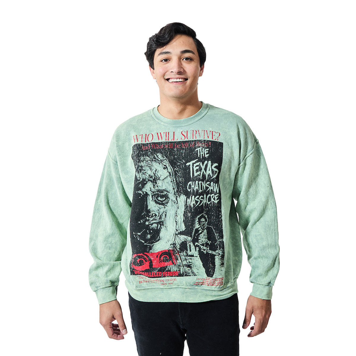 Texas Chainsaw Massacre Who Will Survive Oversized Poster Adult Unisex Mineral Washed Crew Neck Long Sleeve Sweatshirt