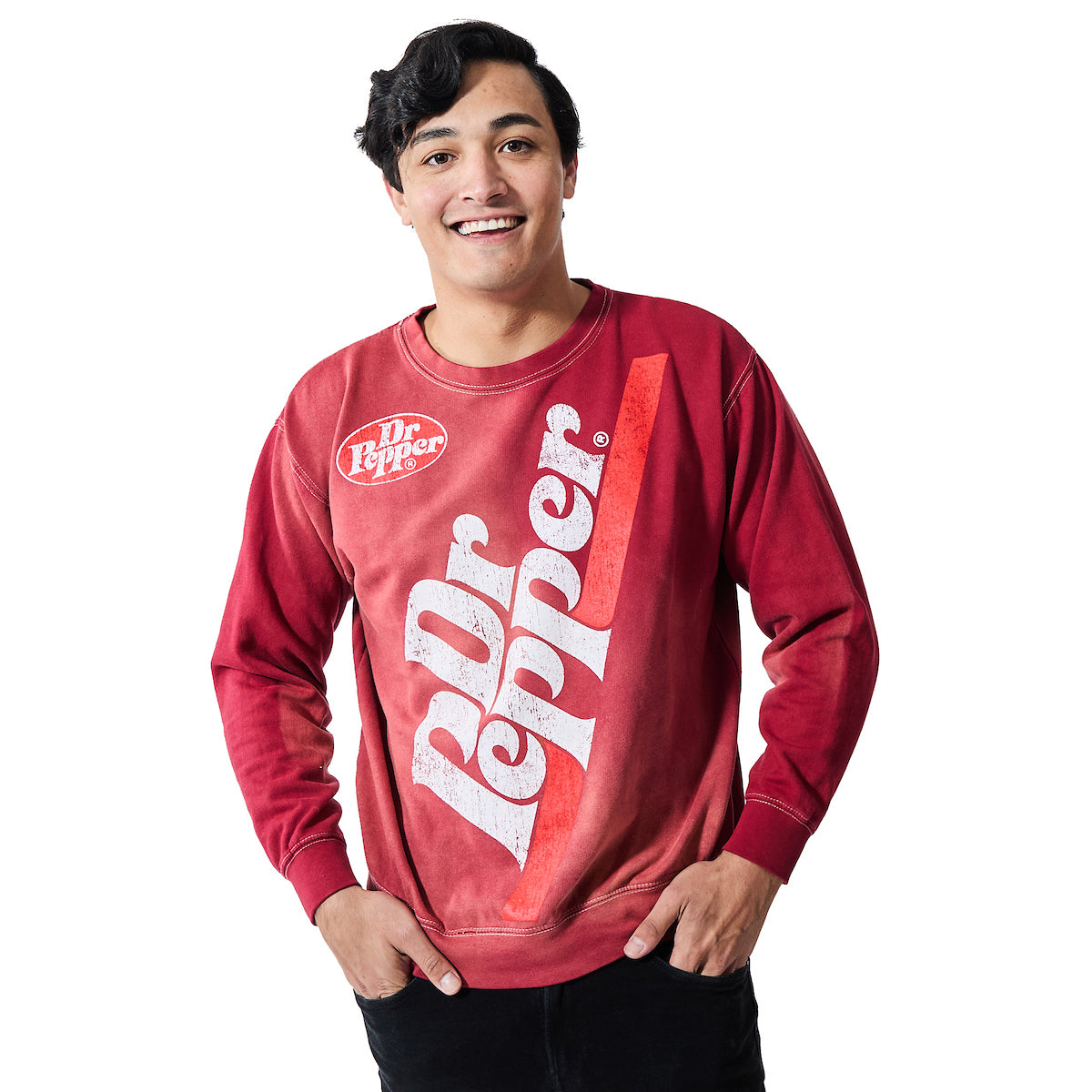 Dr Pepper Oversized Distressed Vintage Logo Adult Unisex Potassium Washed Crew Neck Long Sleeve Sweatshirt