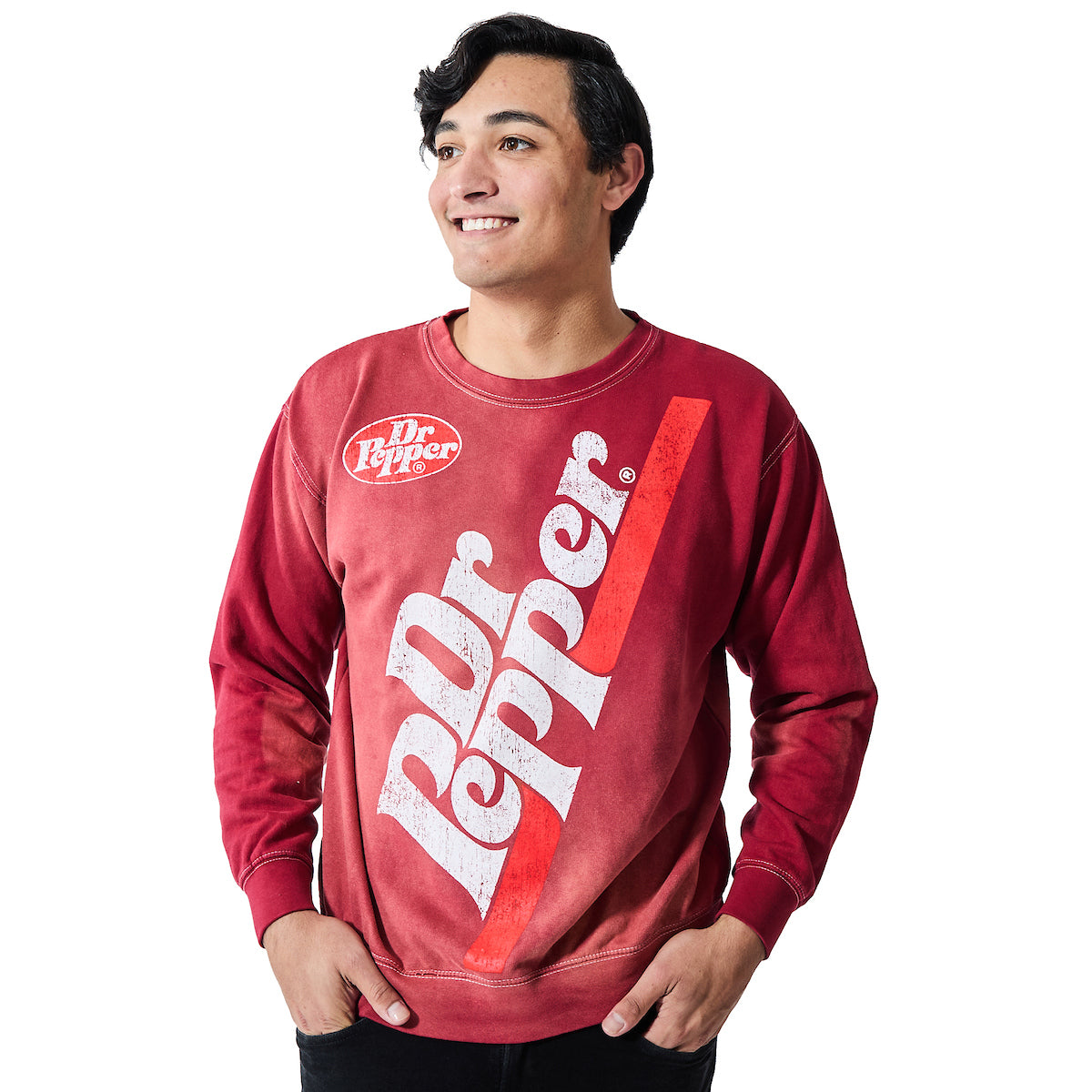 Dr Pepper Oversized Distressed Vintage Logo Adult Unisex Potassium Washed Crew Neck Long Sleeve Sweatshirt
