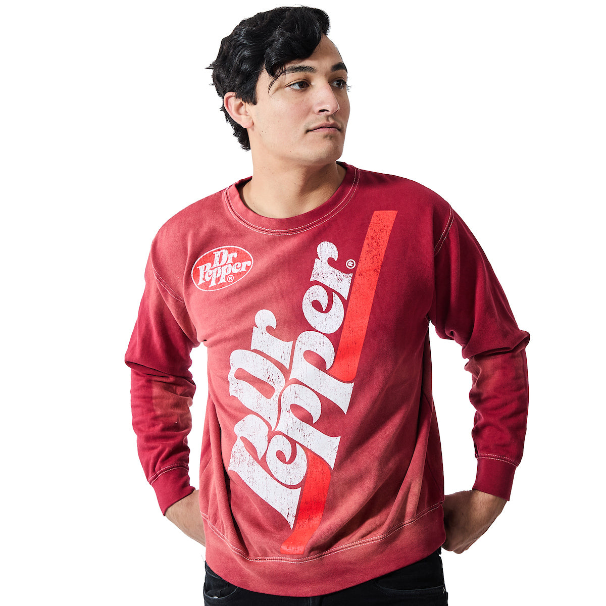 Dr Pepper Oversized Distressed Vintage Logo Adult Unisex Potassium Washed Crew Neck Long Sleeve Sweatshirt