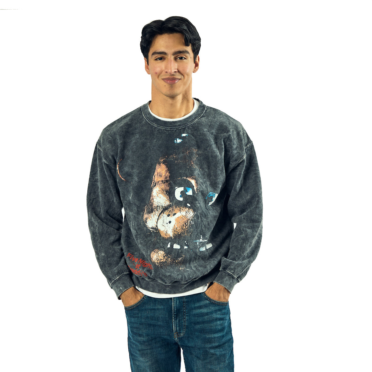 Five Nights At Freddy's Distressed Freddy Face In Shadows Adult UNisex Mineral Washed Crew Neck Long Sleeve Sweatshirt