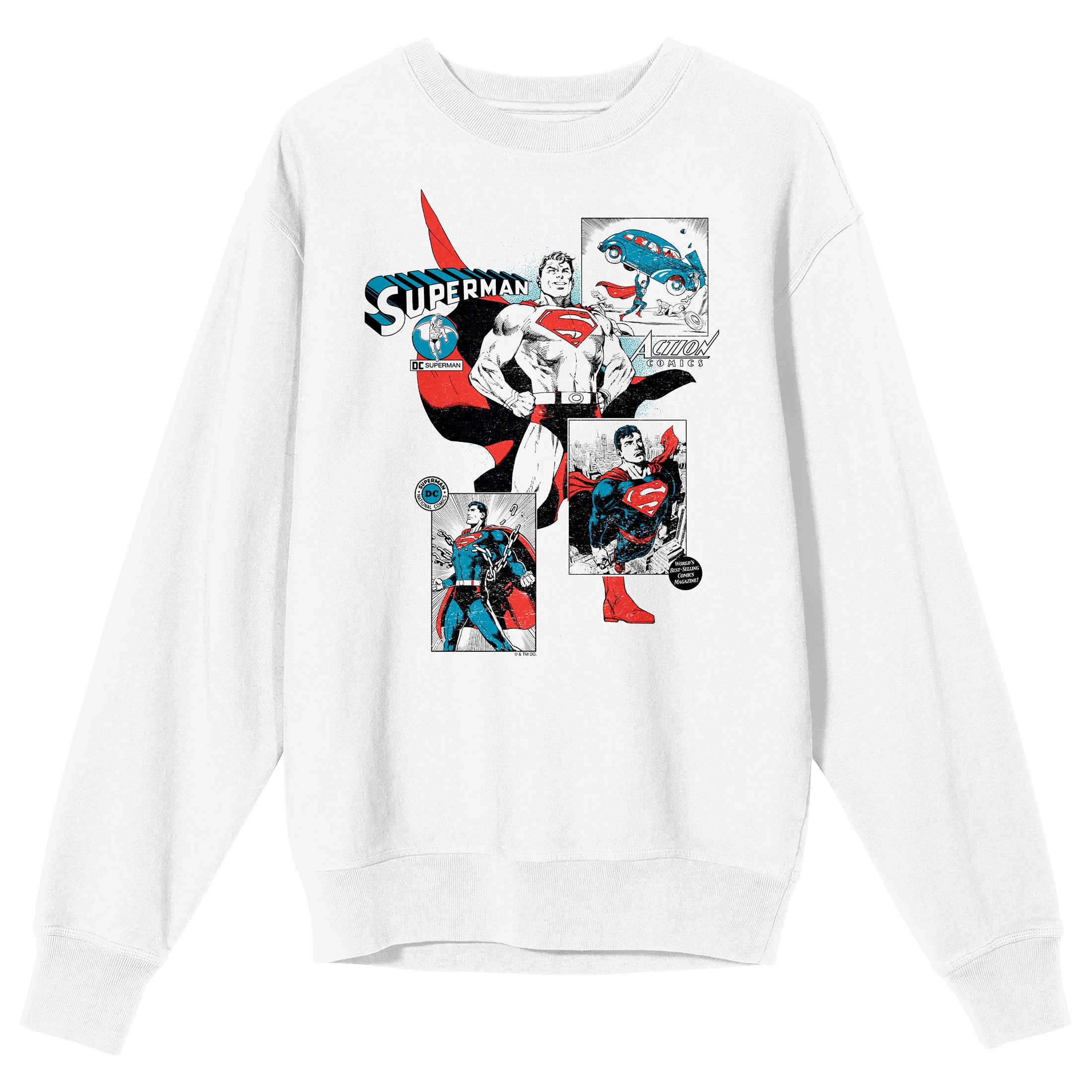 Superman 90th Anniversary Kal-El Retro Comic Art Crew Neck Long Sleeve Adult White Sweatshirt-Medium