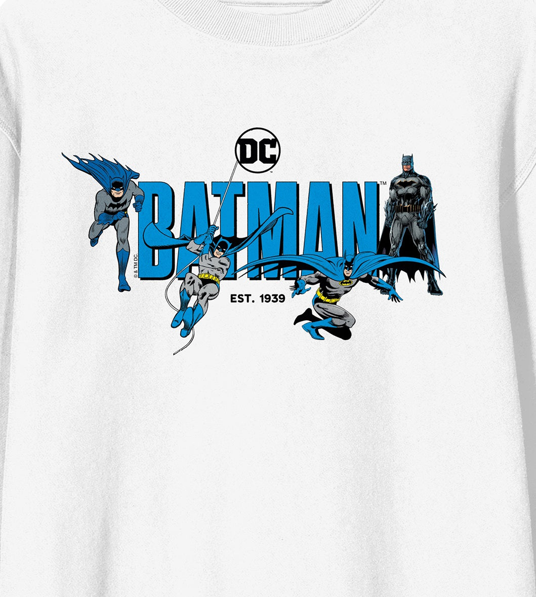 Batman 90th Anniversary Retro Graphics Crew Neck Long Sleeve Adult White Sweatshirt