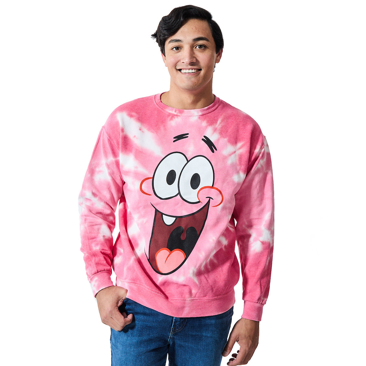 Spongebob Squarepants Big Face Patrick Men's Pink Spiral Wash Crew Neck Long Sleeve Fleece Sweatshirt