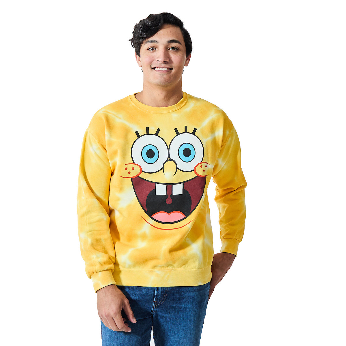 Spongebob Squarepants Big Face Spongebob Men's Yellow Spiral Wash Crew Neck Long Sleeve Fleece Sweatshirt