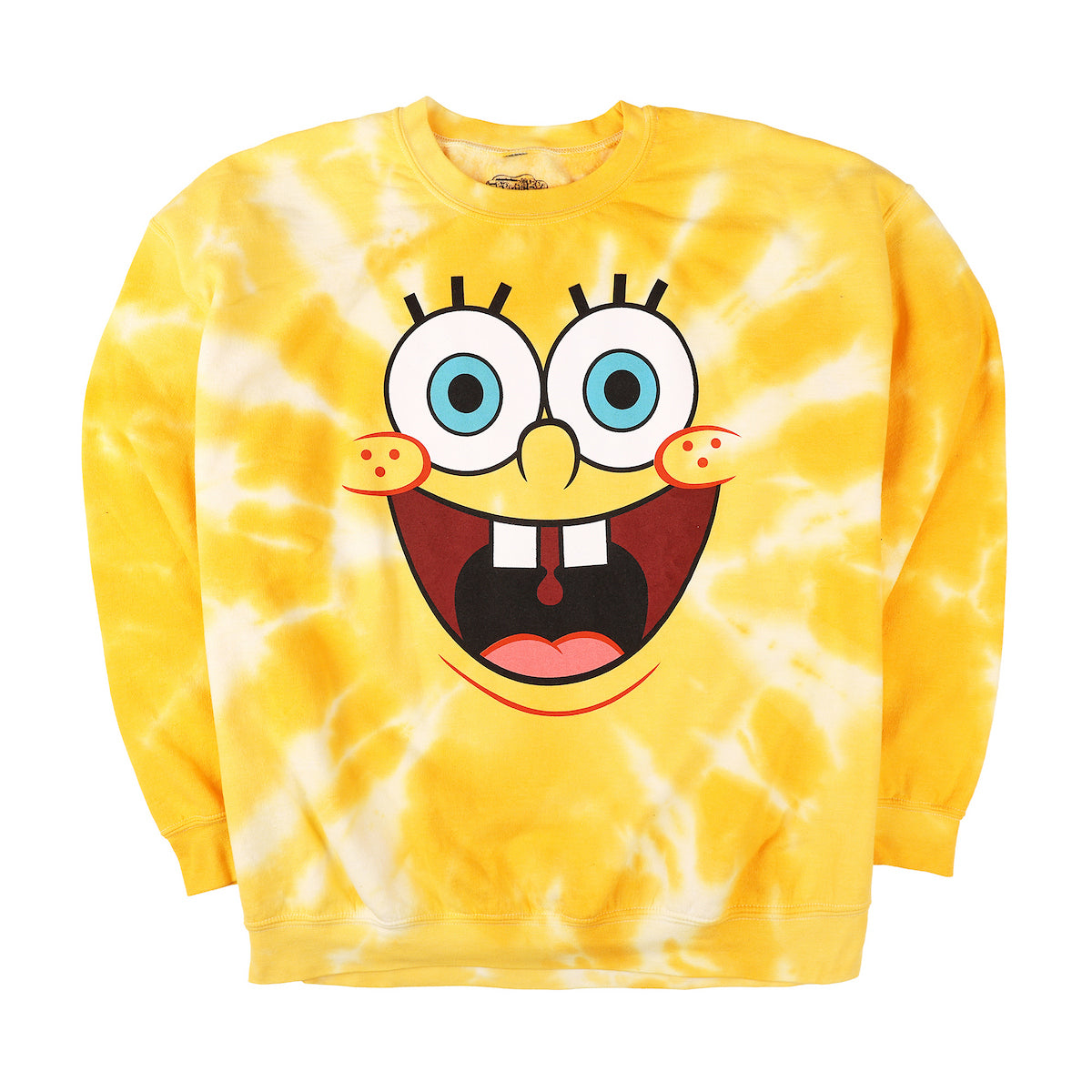 Spongebob Squarepants Big Face Spongebob Men's Yellow Spiral Wash Crew Neck Long Sleeve Fleece Sweatshirt