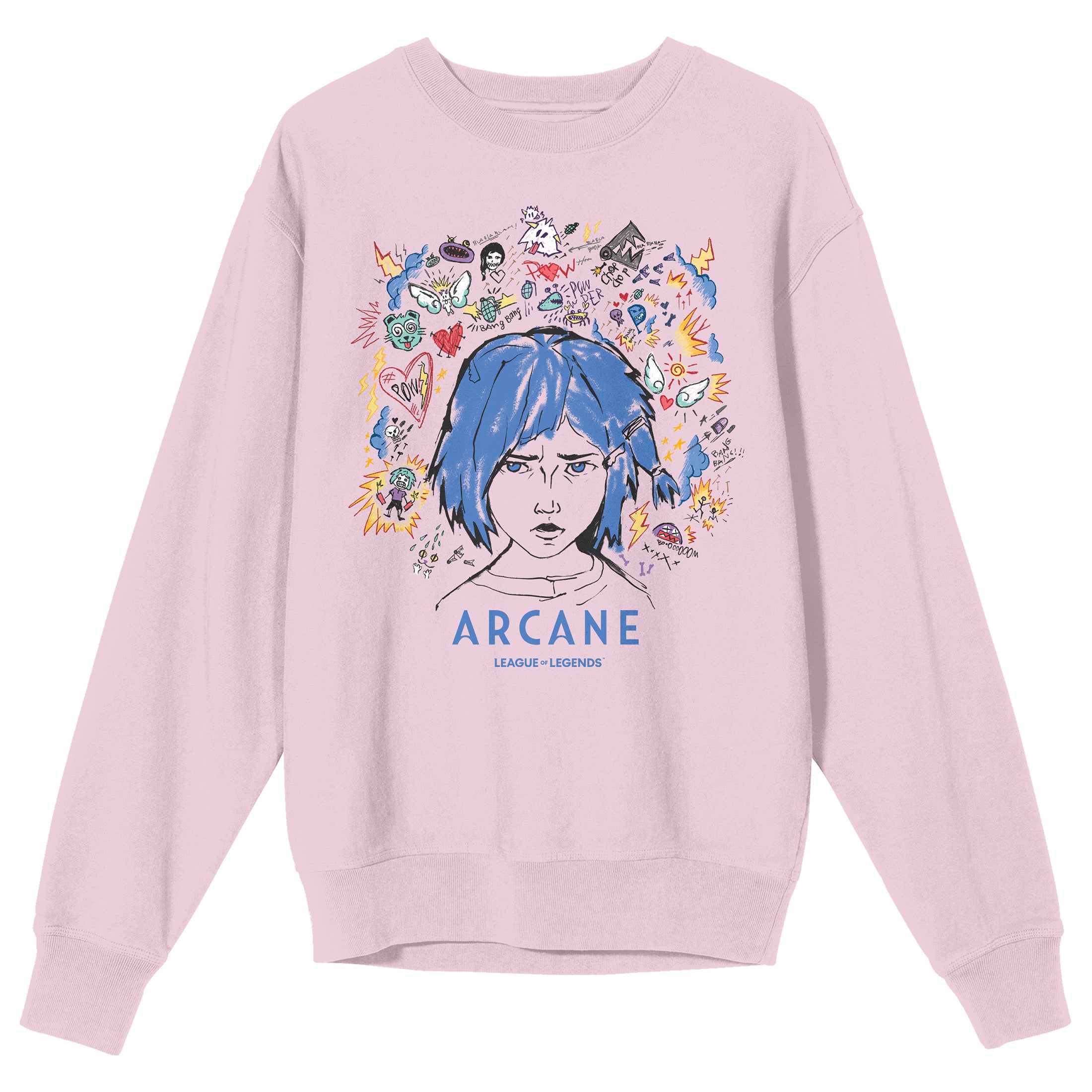 Arcane League Of Legends Powder Doodle Art Adult Cradle Pink Crew Neck Long Sleeve Sweatshirt -Medium