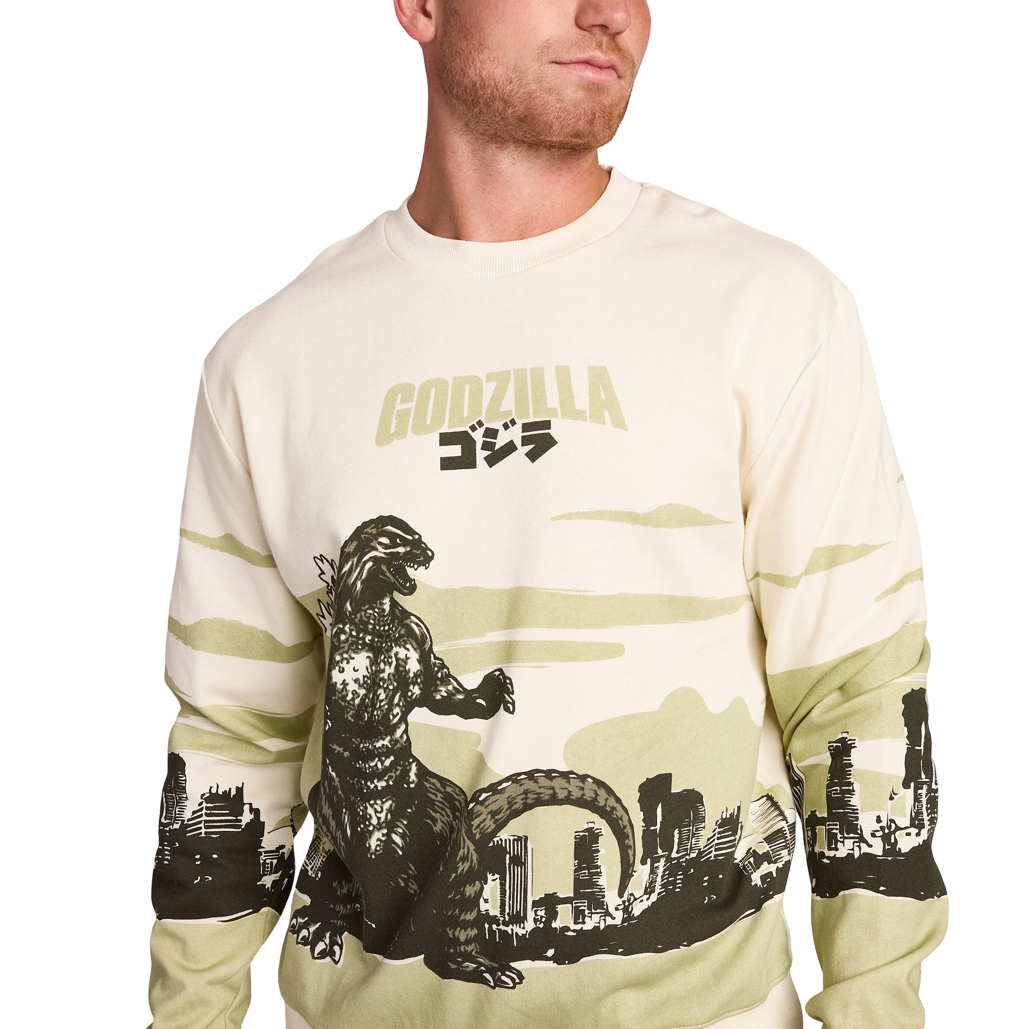 Godzilla Cityscape Men’s White Crew Neck Long Sleeve Pullover Sweatshirt