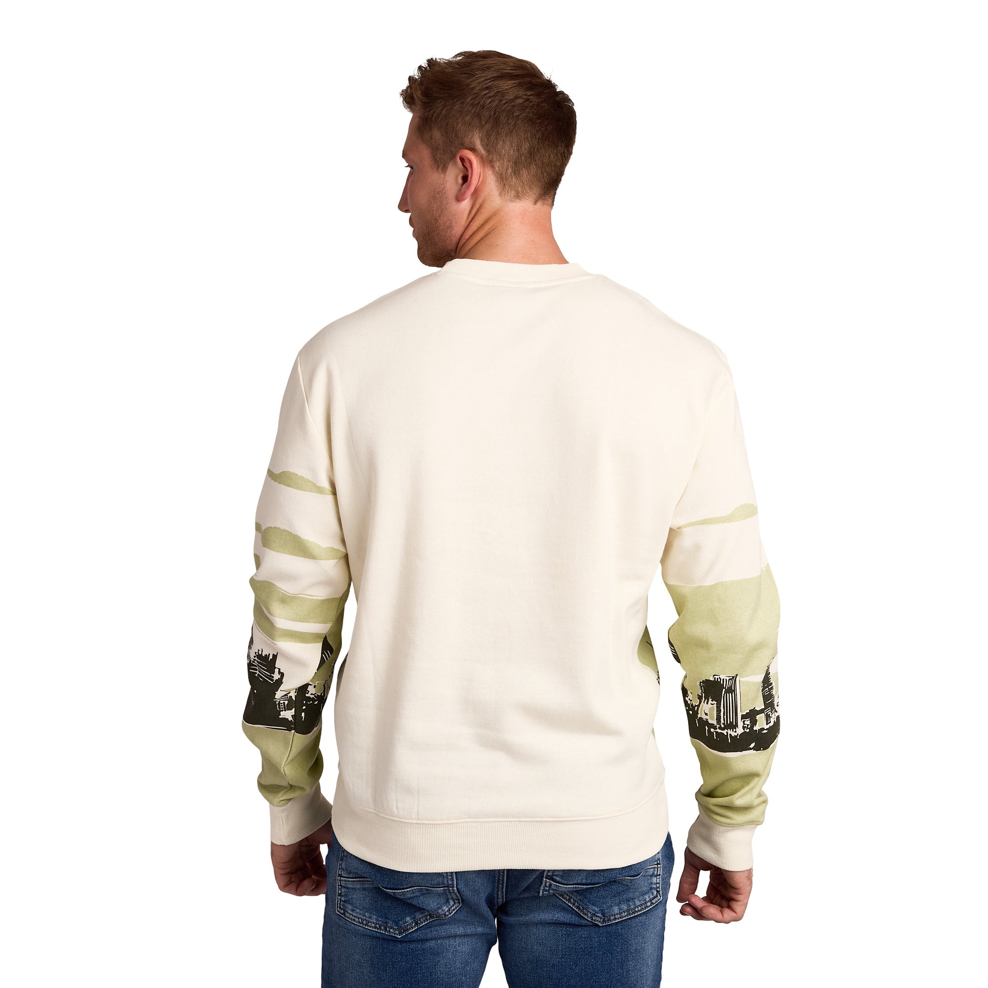 Godzilla Cityscape Men’s White Crew Neck Long Sleeve Pullover Sweatshirt