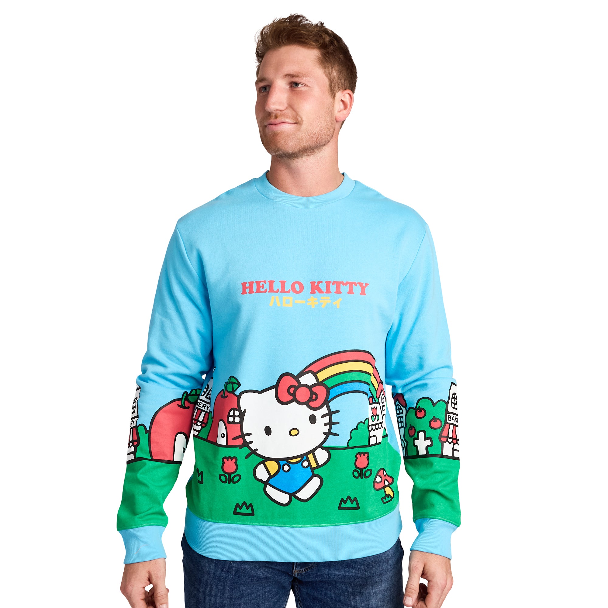 Hello Kitty City Rainbow Men's Blue Crew Neck Long Sleeve Pullover Sweatshirt