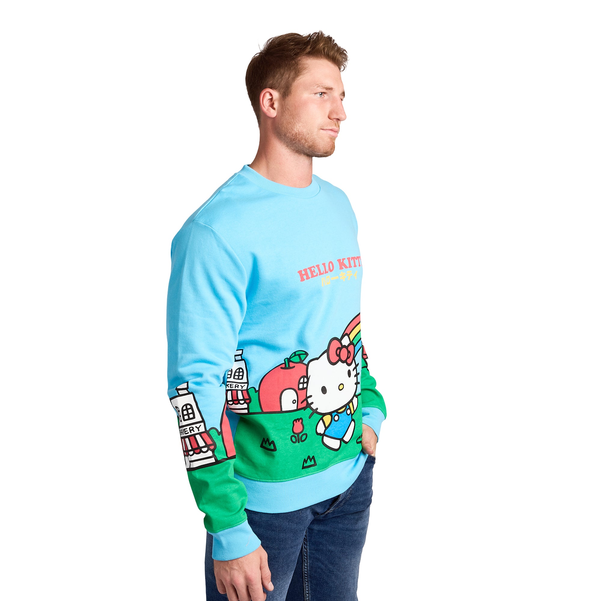 Hello Kitty City Rainbow Men's Blue Crew Neck Long Sleeve Pullover Sweatshirt
