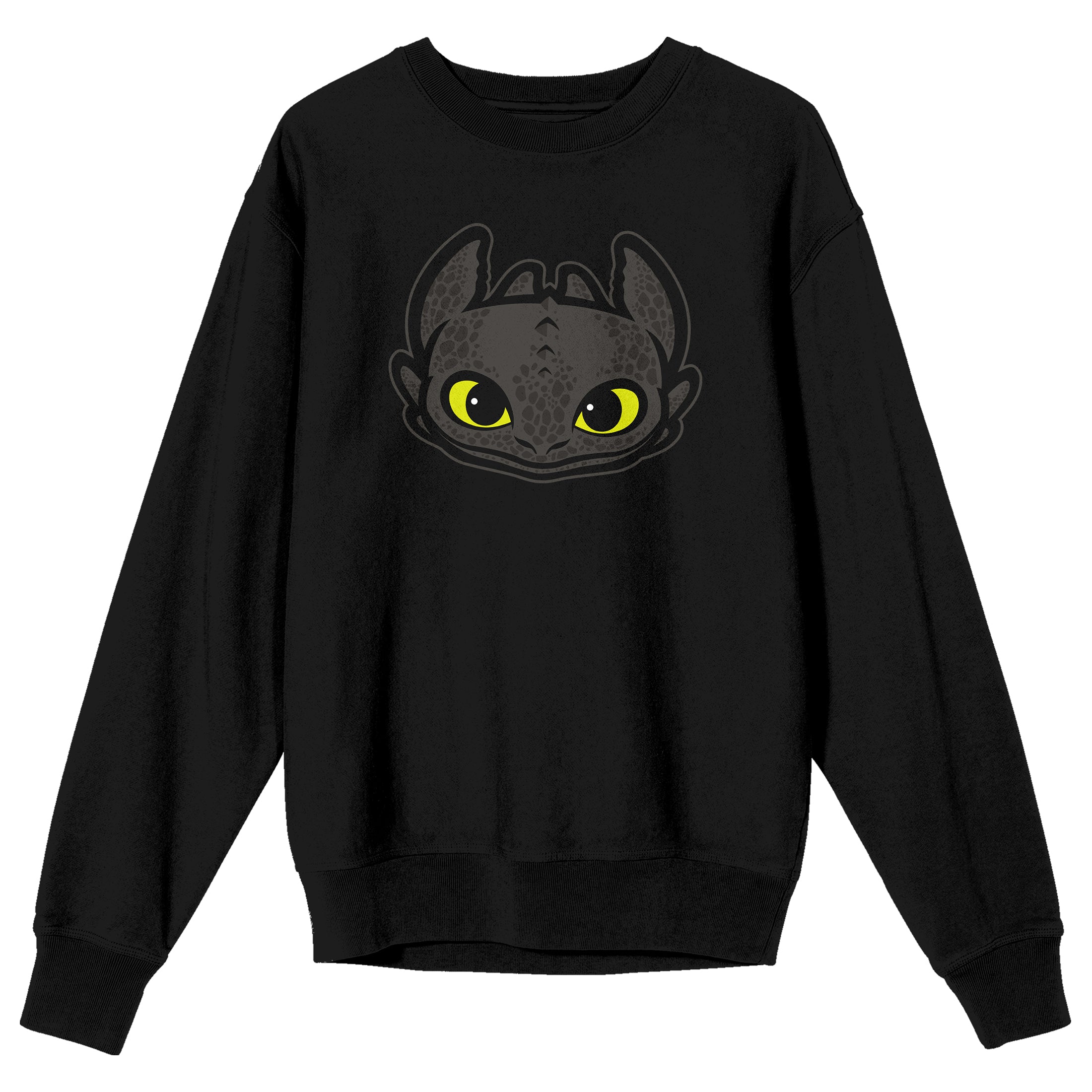 How to Train Your Dragon Franchise - Toothless Head Vector Graphic on Adult Black Crew Neck Sweatshirt