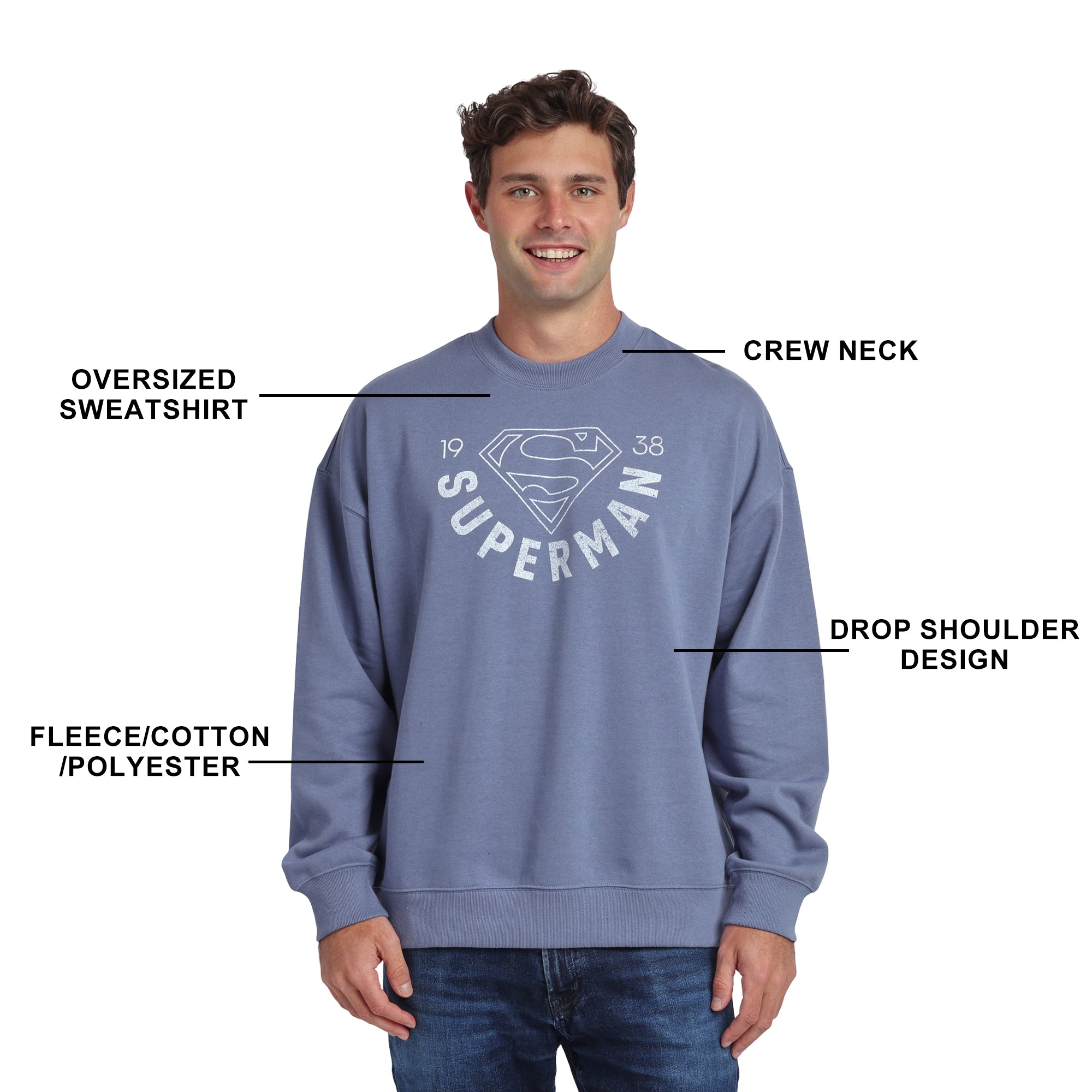 Superman 1938 Men’s Blue-Gray Crew Neck Sweatshirt