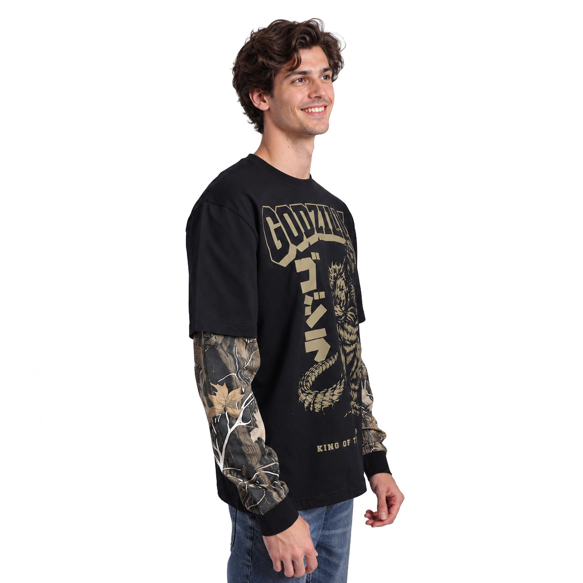 Godzilla King of the Monsters Long Sleeve Tee with Camo Sleeves