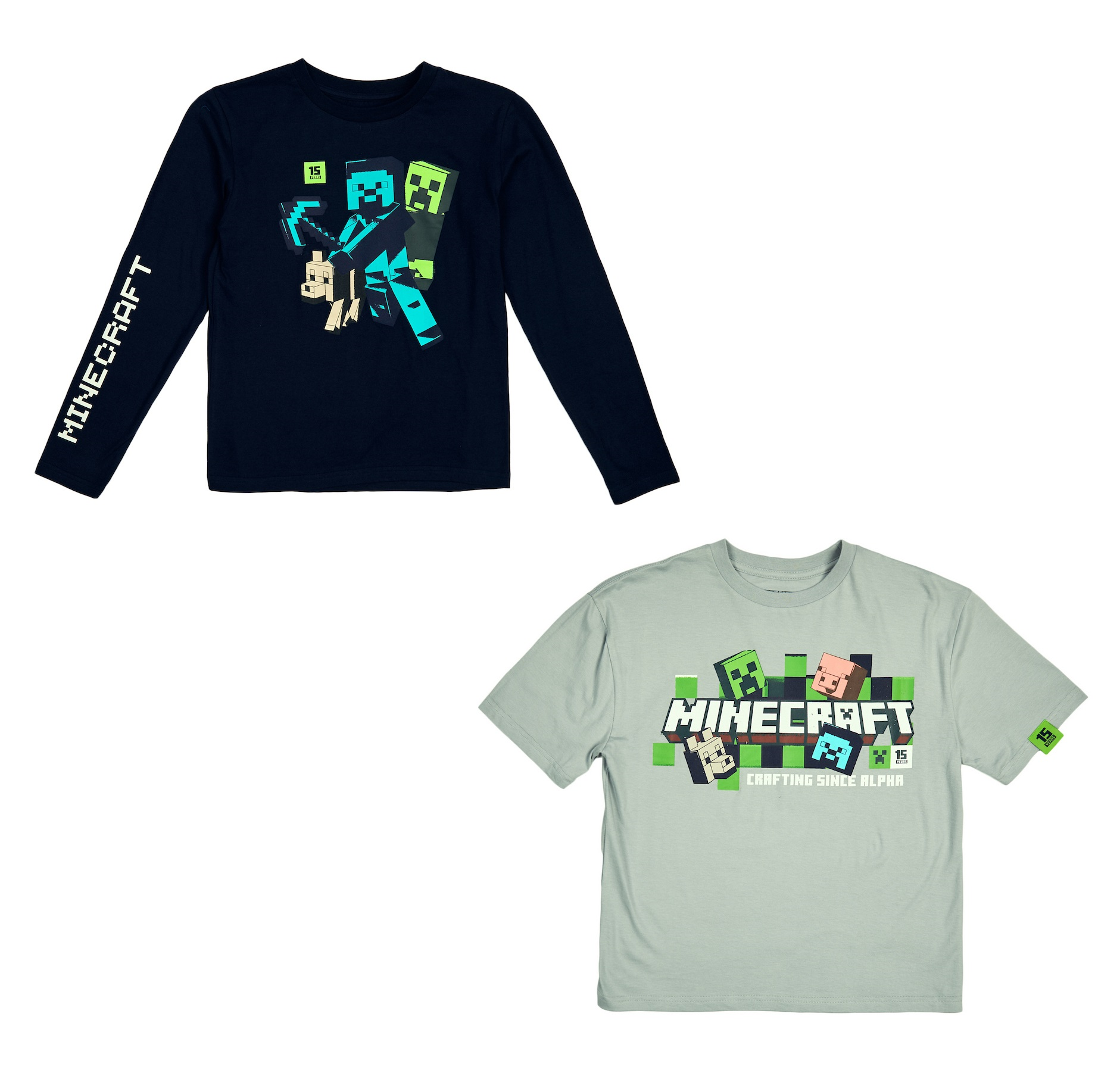 Minecraft Action Shots Youth 2-Pack Crew Neck Long Sleeve and Short Sleeve Tee