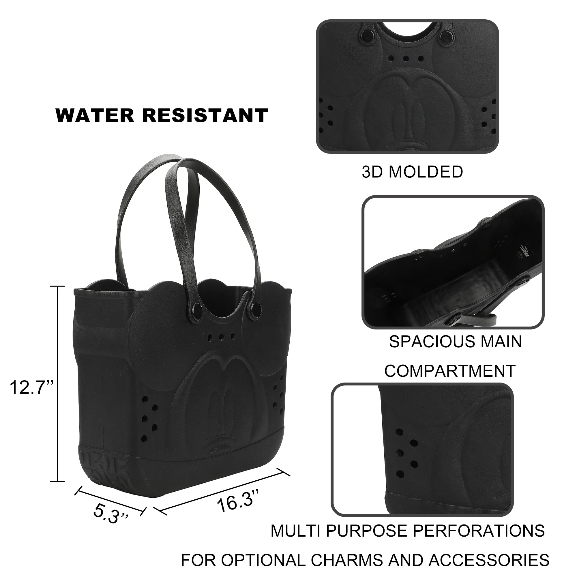 Disney Mickey Mouse EVA Gummy Tote Bag - Waterproof Rubber Beach Bag, Black Mickey Design, Large 16.5" Carry-All for Pool, Travel & Everyday Use