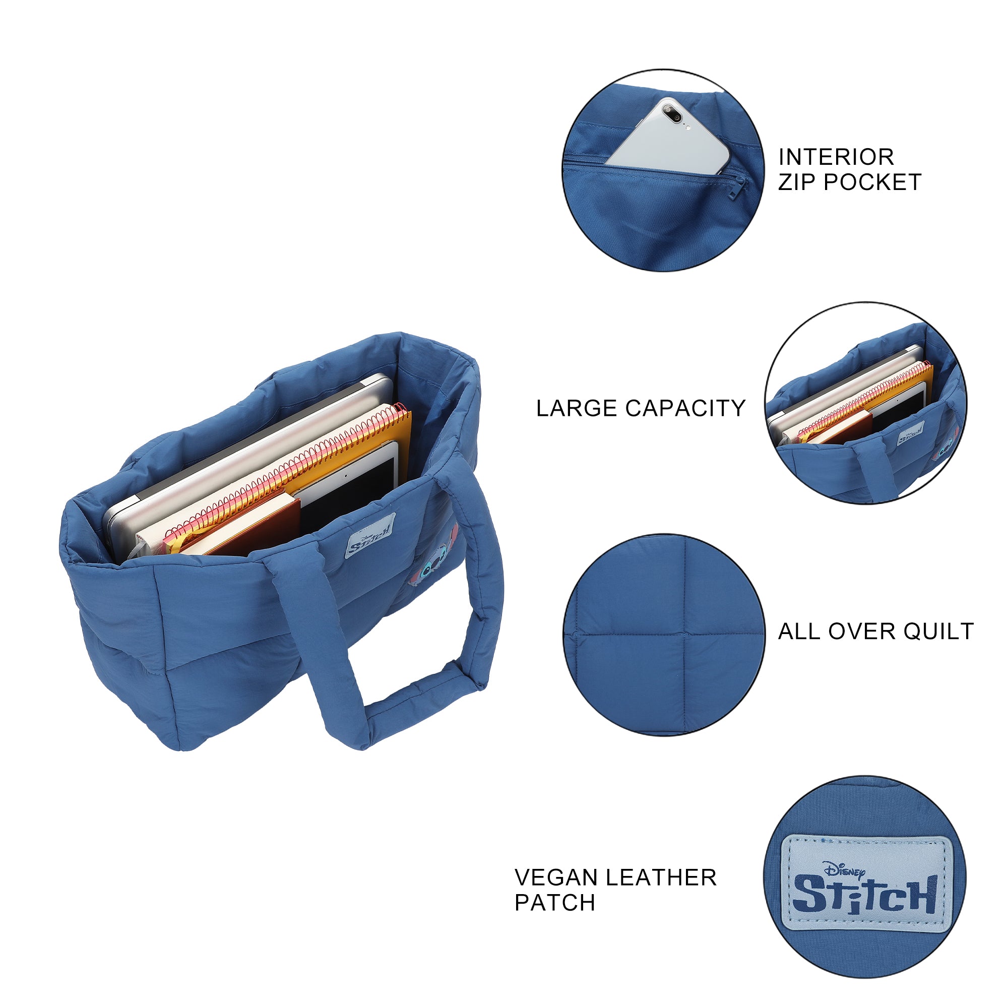 Lilo & Stitch Stitch Quilted Puffer Tote Bag with Rubber and PU Badge