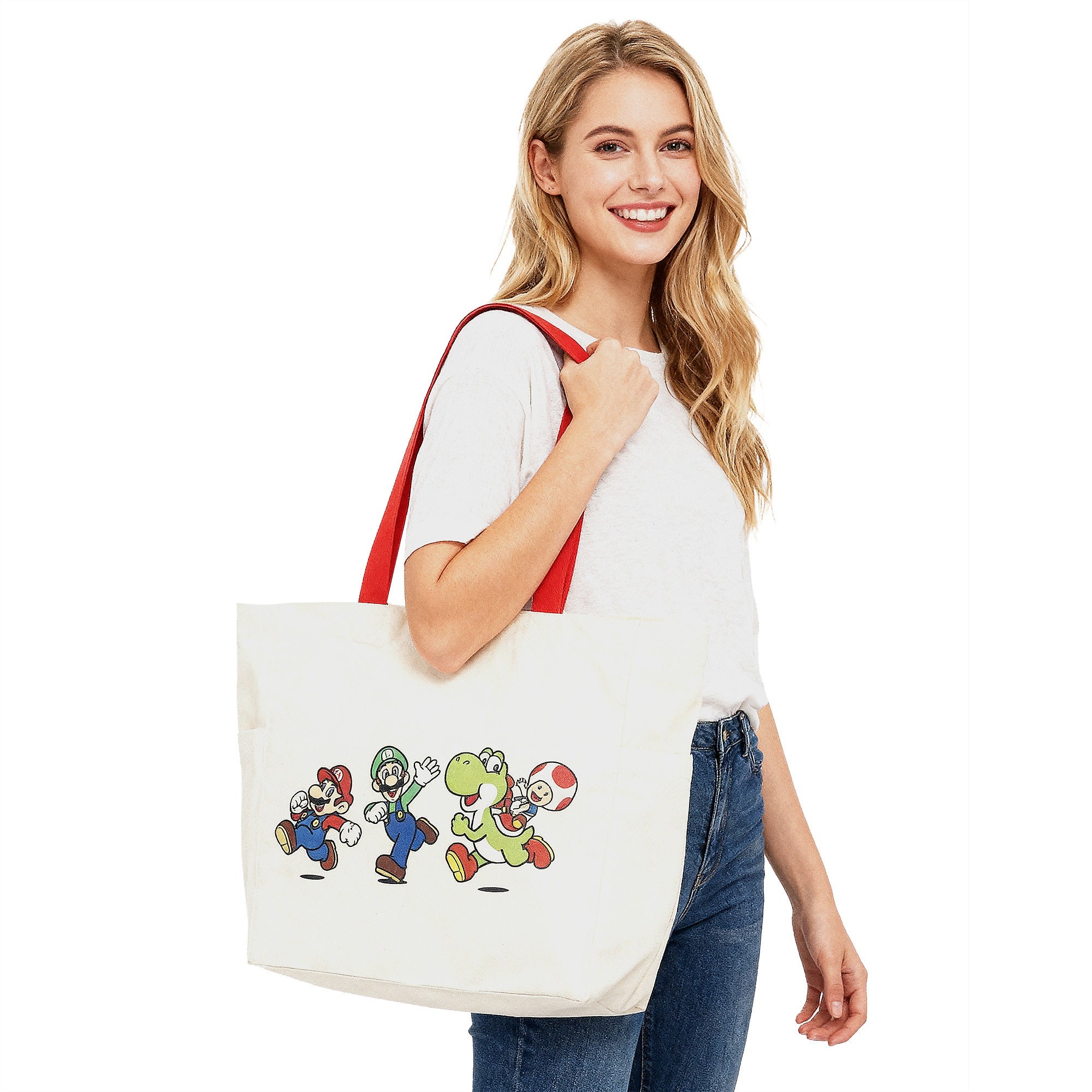 Super Mario Bros Mario Luigi Toad Canvas Tote Bag, 15.5-Inch