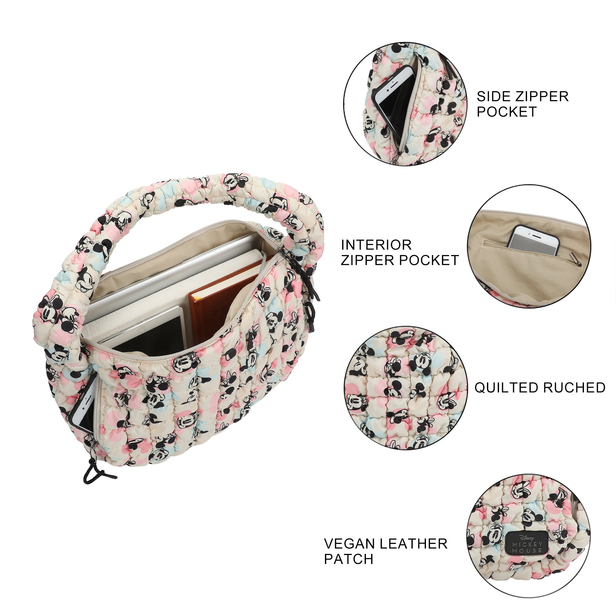 Mickey Mouse Classic Mickey Face All-Over Print White 17" Quilted Ruched Tote