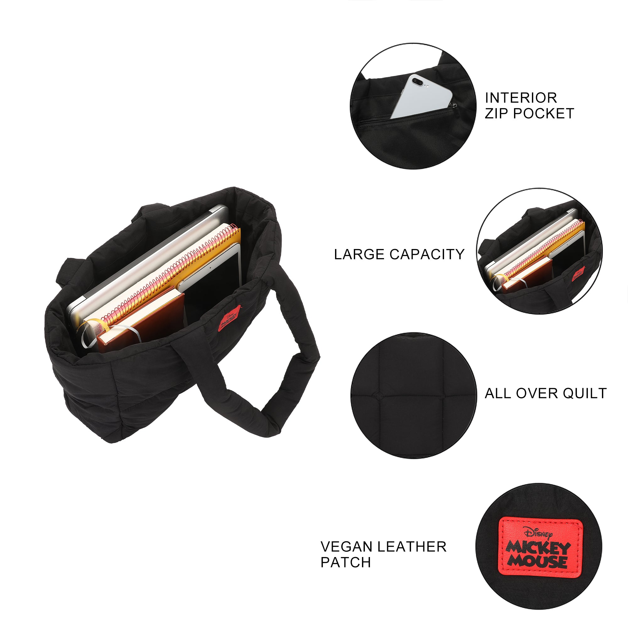 Mickey Mouse Quilted Puffer Tote Bag with Rubber and PU Badge