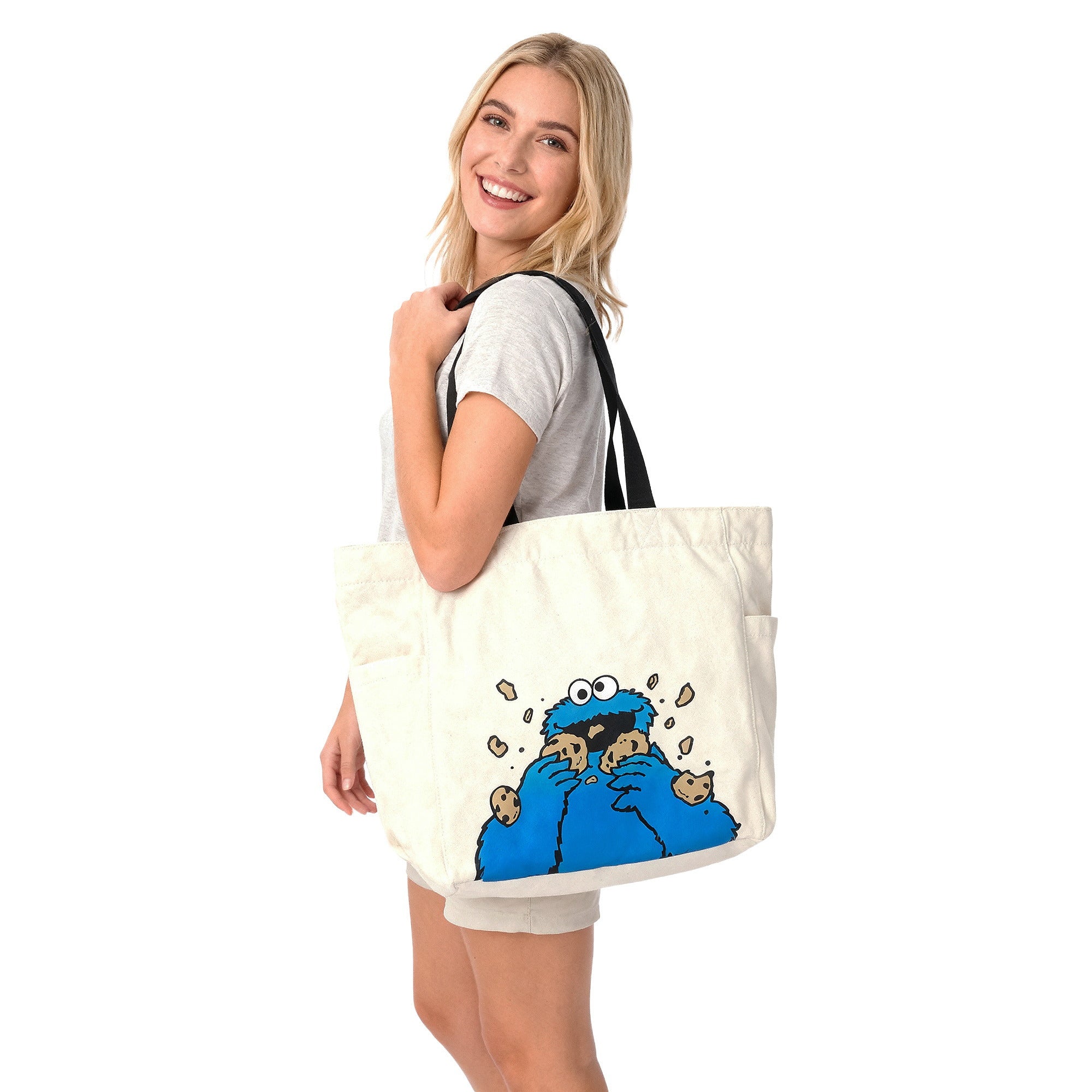 Sesame Street Cookie Monster 15.5" Tote Bag Natural Canvas
