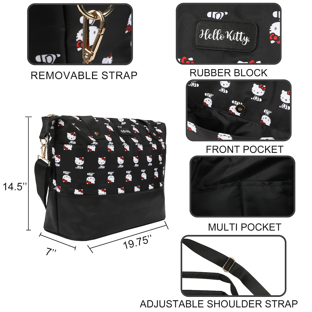 Hello Kitty Black Nylon Tote Multi-Pocket Travel Bag with Adjustable Strap & Trolley Sleeve"