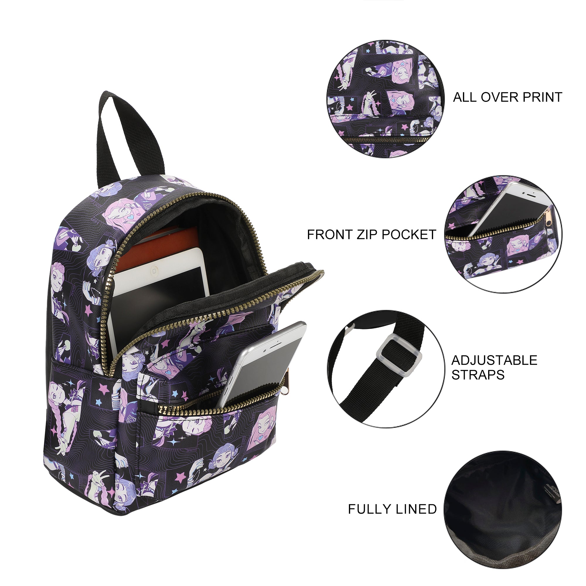 KPop Demon Hunters Huntrix AOP Adult Black 11.5" Mini Backpack