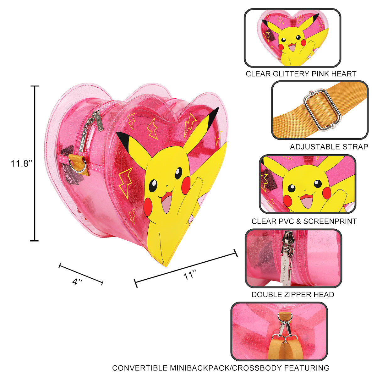 Pokemon Pikachu 10.5 Heart-Shaped Clear Pink Backpack