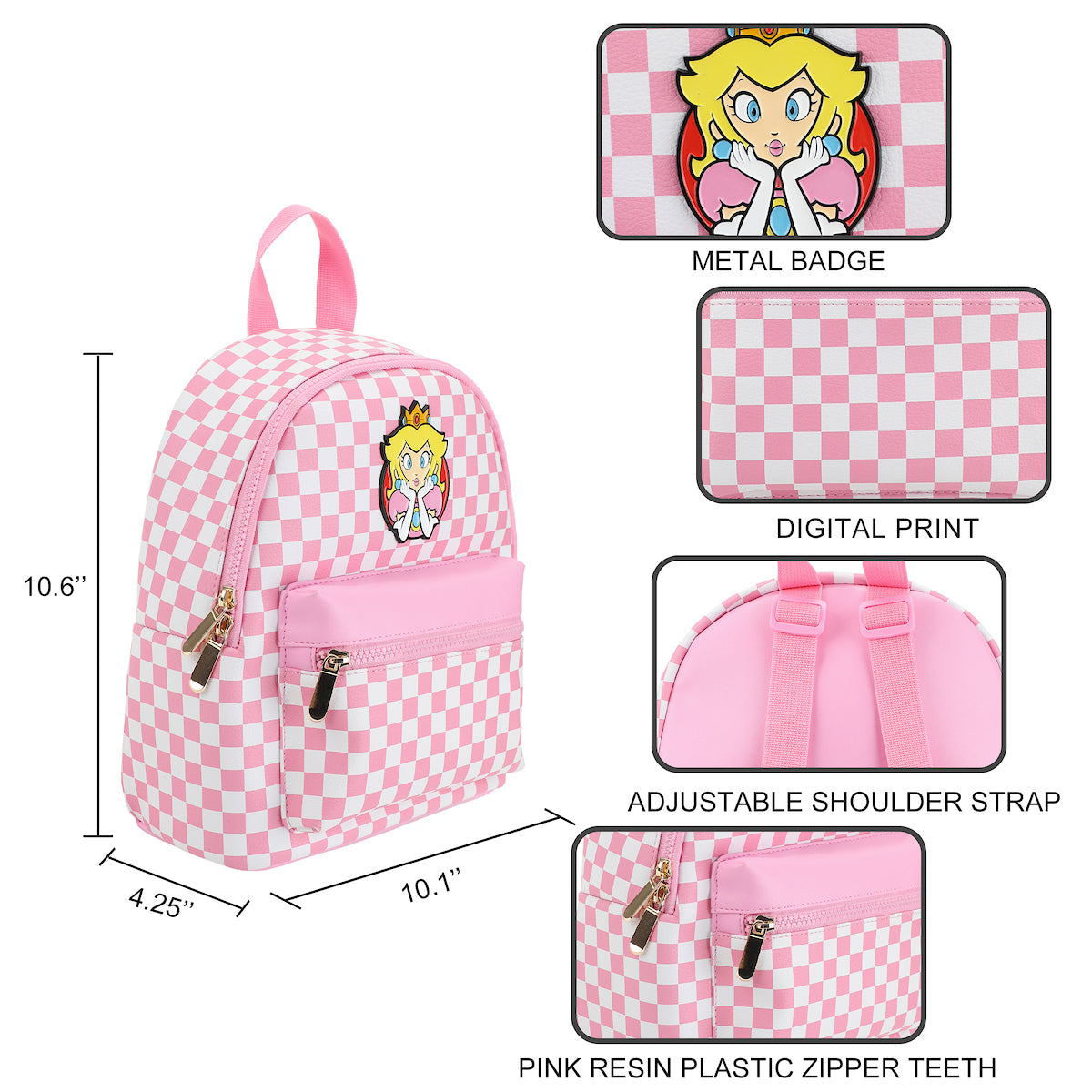 Super Mario Bros Princess Peach 10.6" Pink & White Checkered Mini Backpack