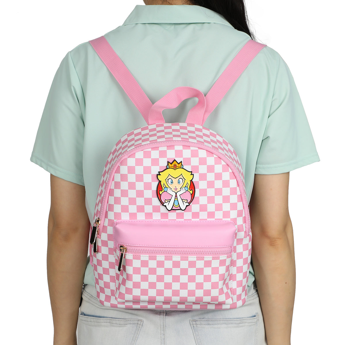 Super Mario Bros Princess Peach 10.6" Pink & White Checkered Mini Backpack