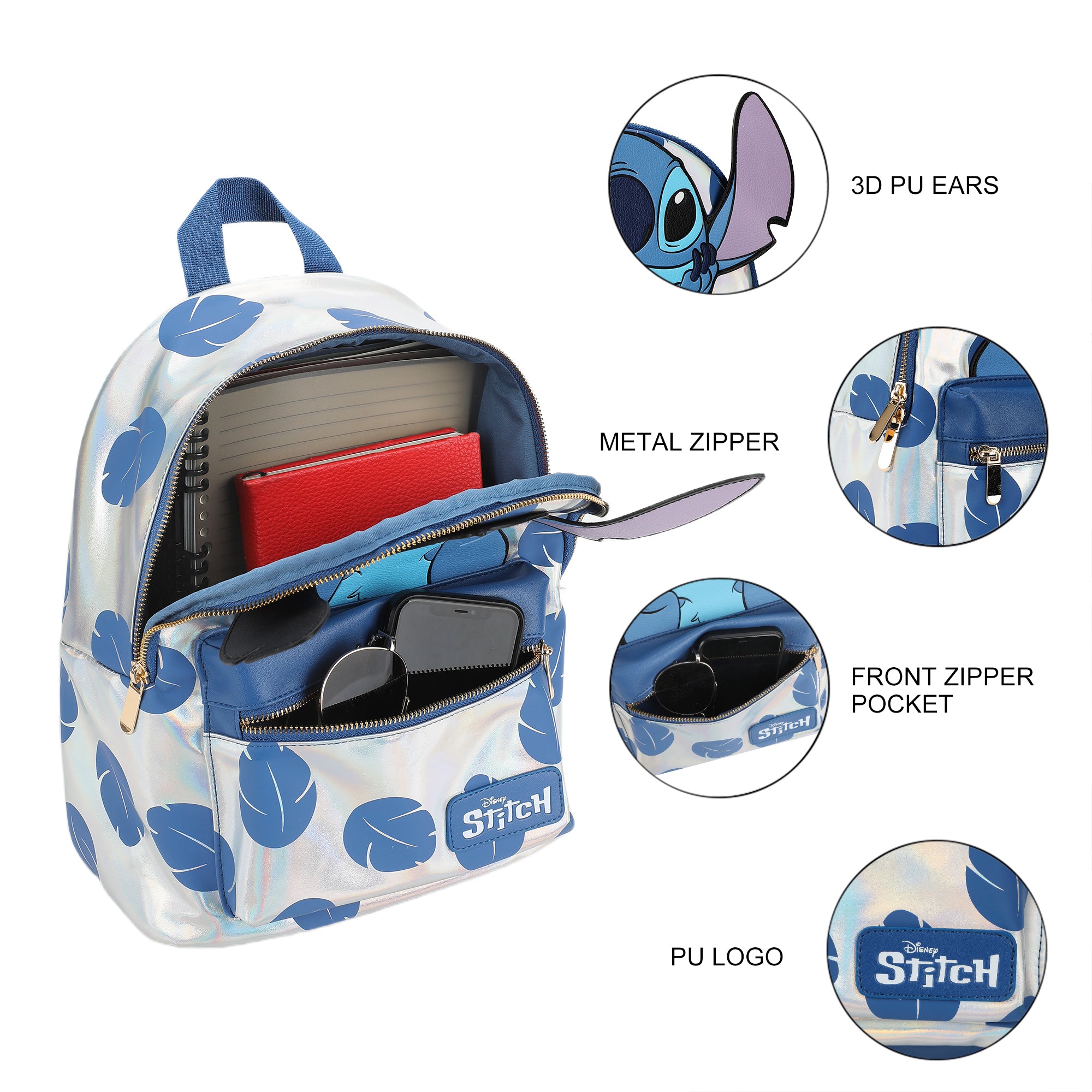 Disney Stitch Blue Leaves 12.6" White Mini Backpack