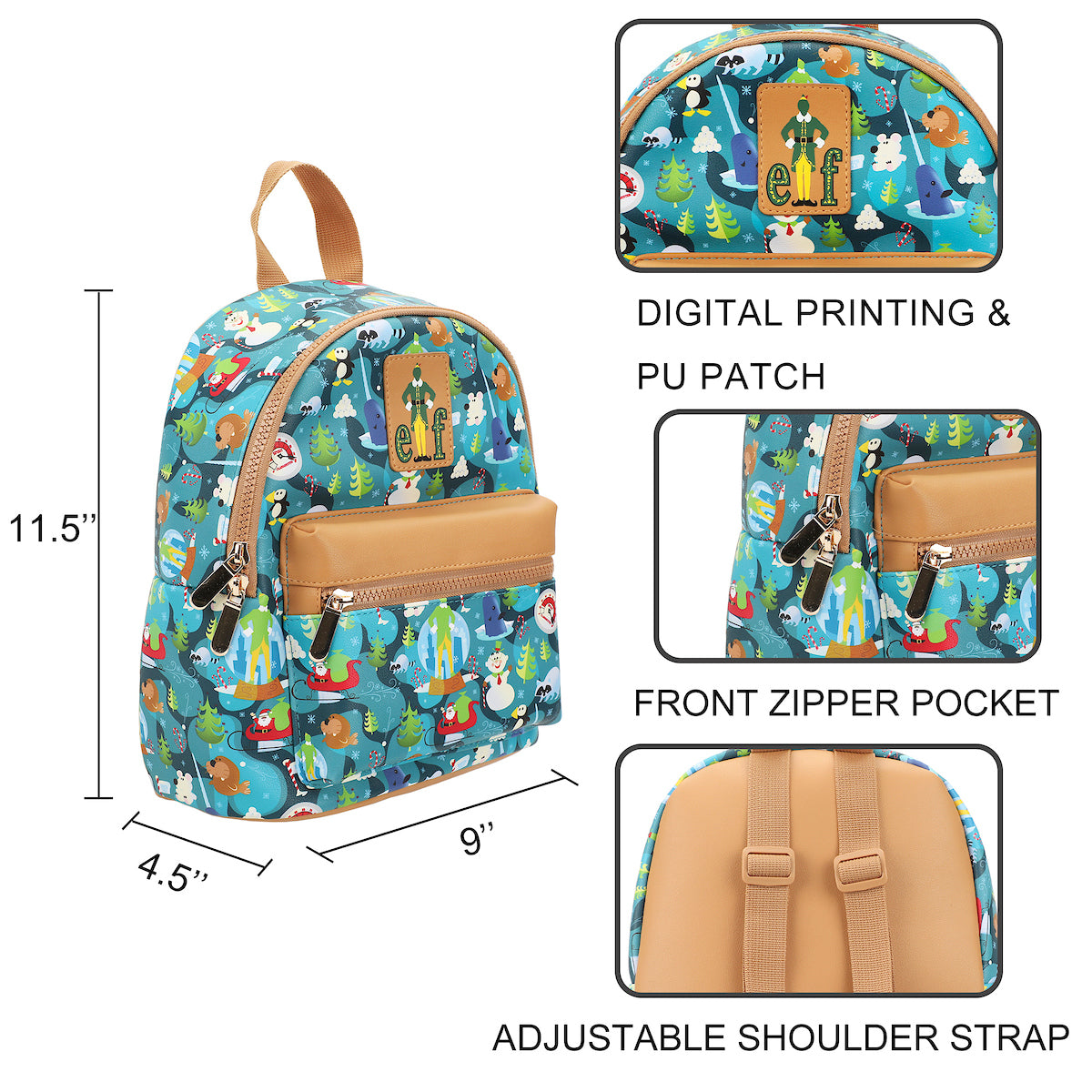 Elf Illustrated North Pole Pattern 11.5" Mini Backpack