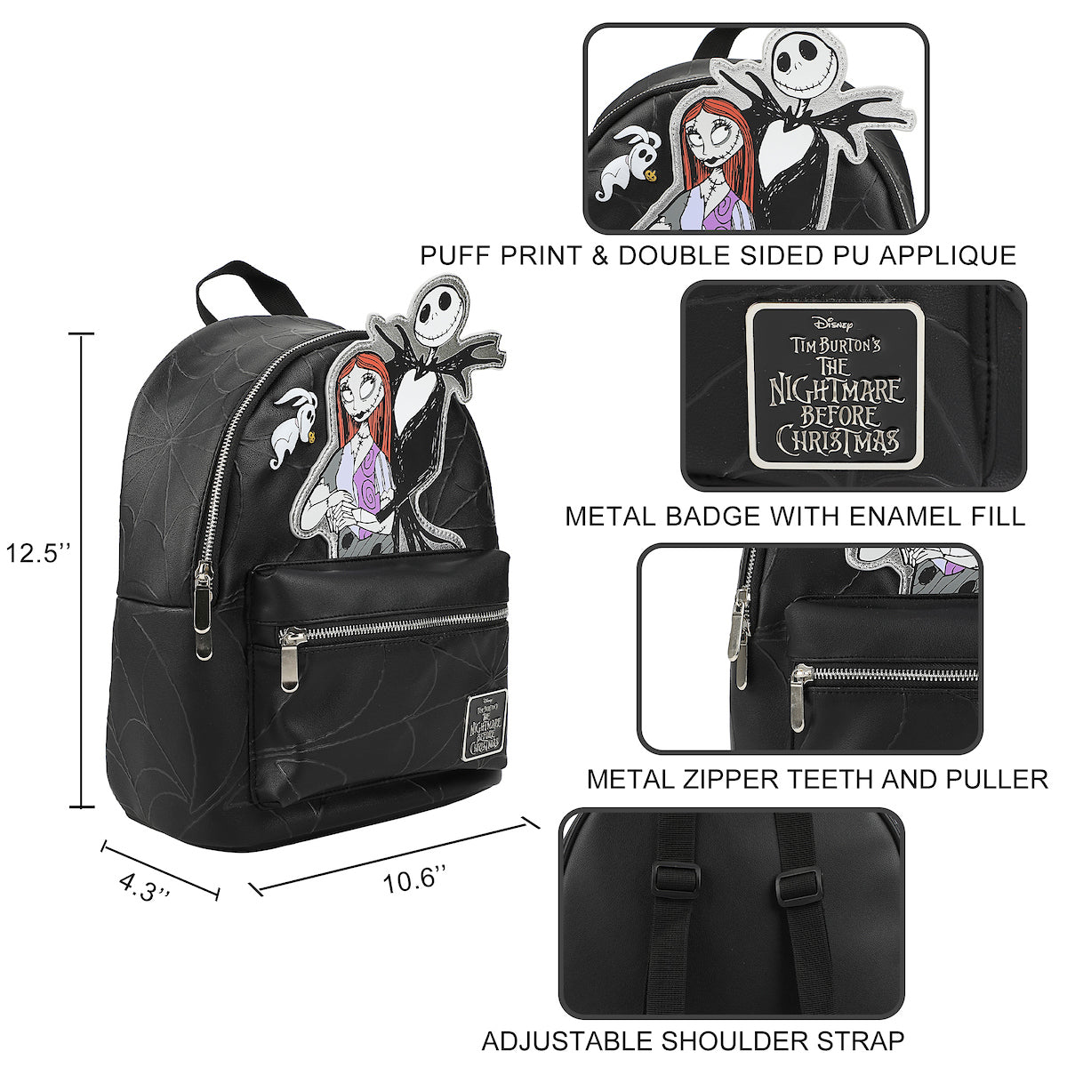 Nightmare Before Christmas Applique Character Art 12.5" Black Mini Backpack
