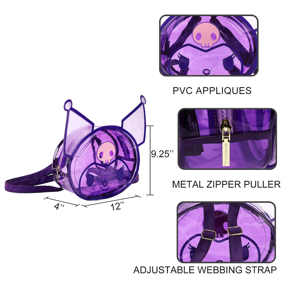 Kuromi Character Head Adult Clear Purple PVC 12" Mini Backpack