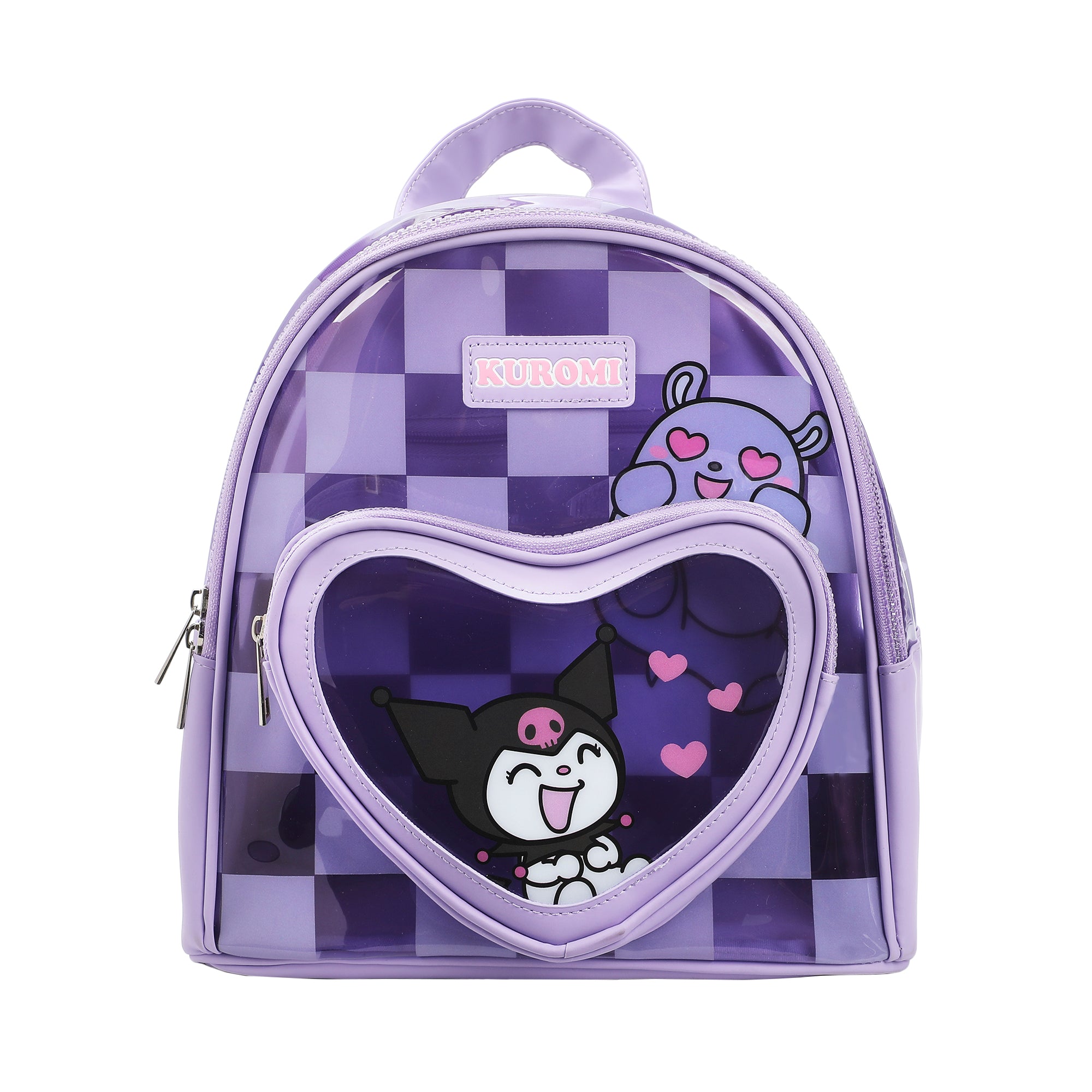 Kuromi & Baku Hearts 10" Purple Checkered Women's Mini Backpack