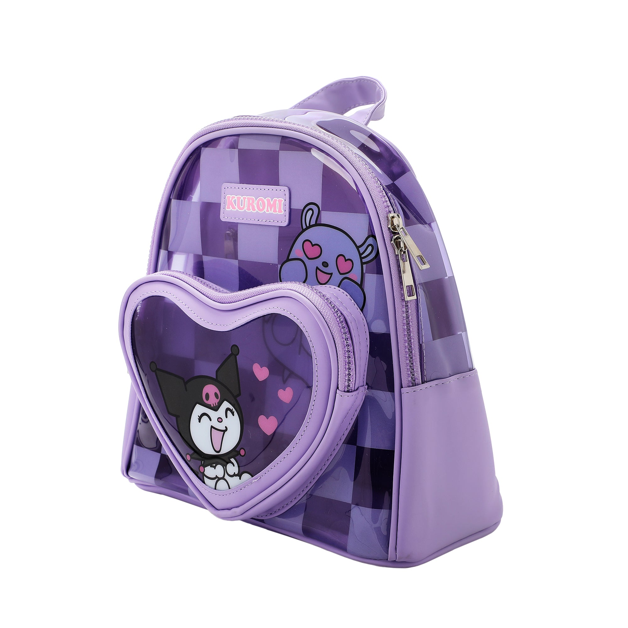 Kuromi & Baku Hearts 10" Purple Checkered Women's Mini Backpack