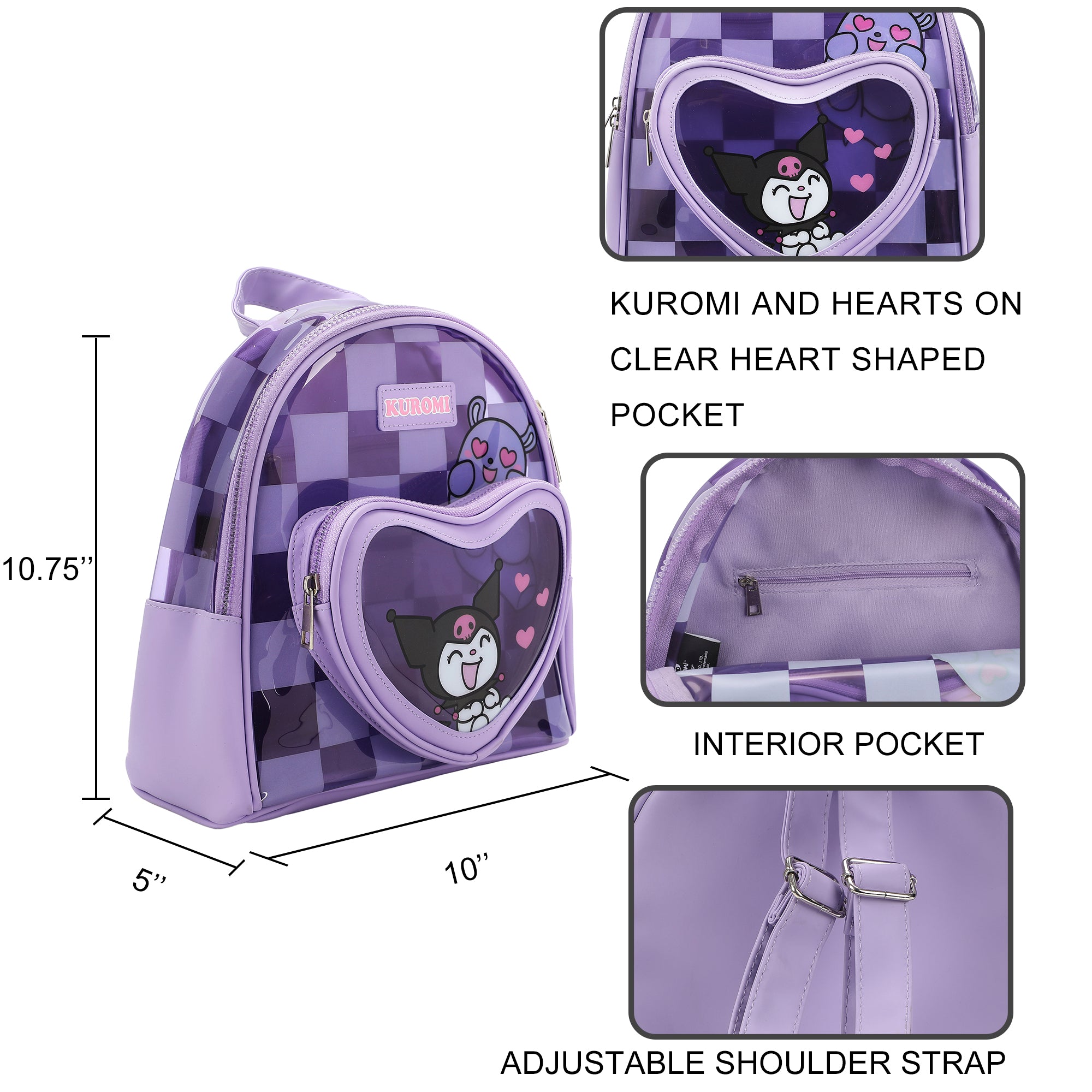 Kuromi & Baku Hearts 10" Purple Checkered Women's Mini Backpack
