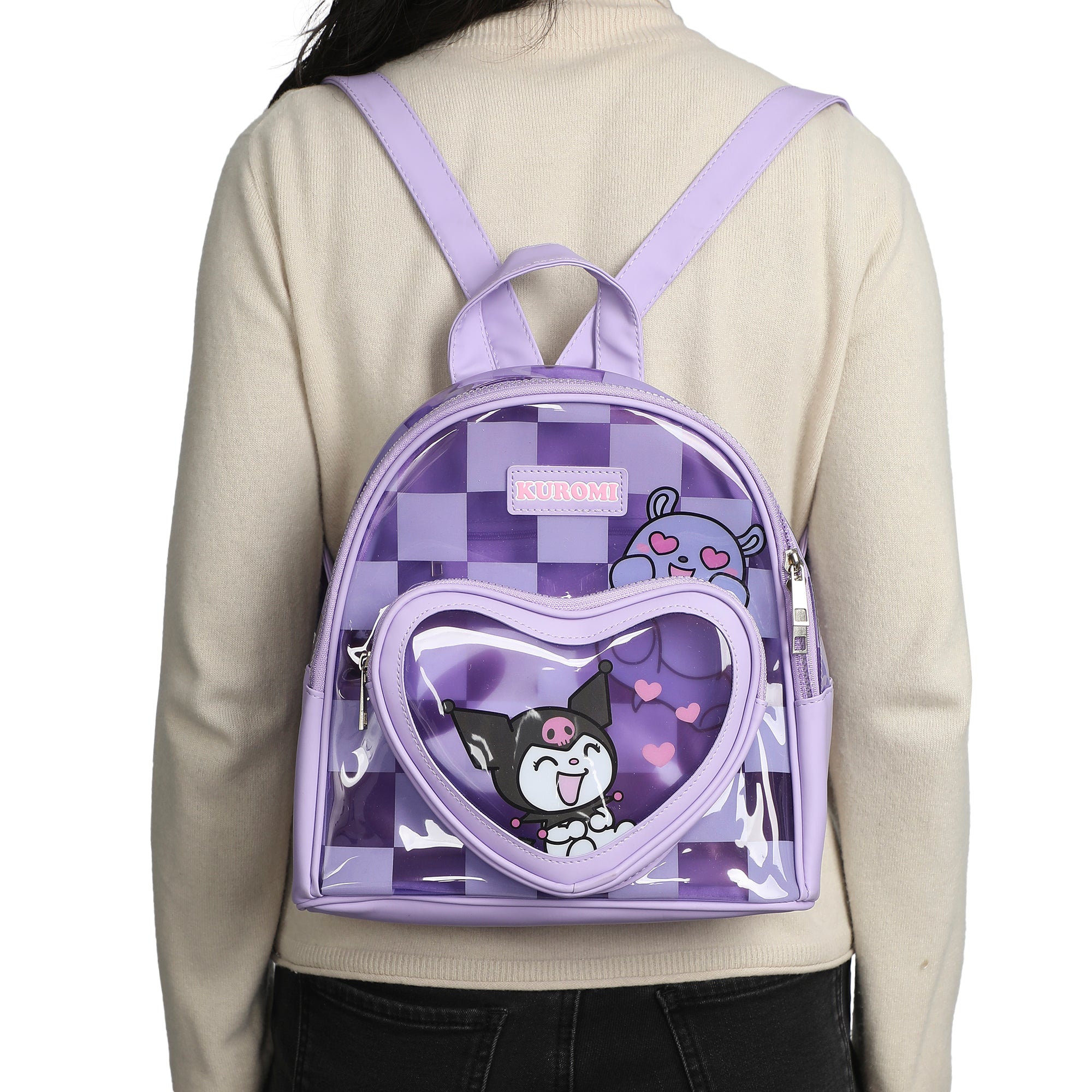 Kuromi & Baku Hearts 10" Purple Checkered Women's Mini Backpack