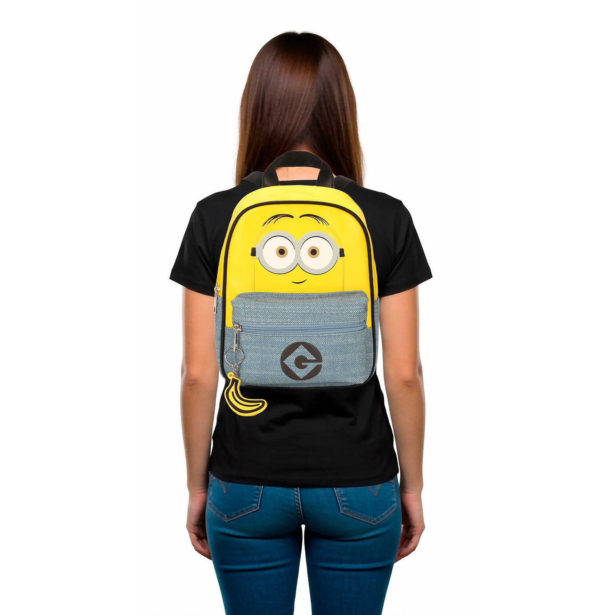 Minions Big Face Women's 11" Mini Backpack with Banana Charm for Fans
