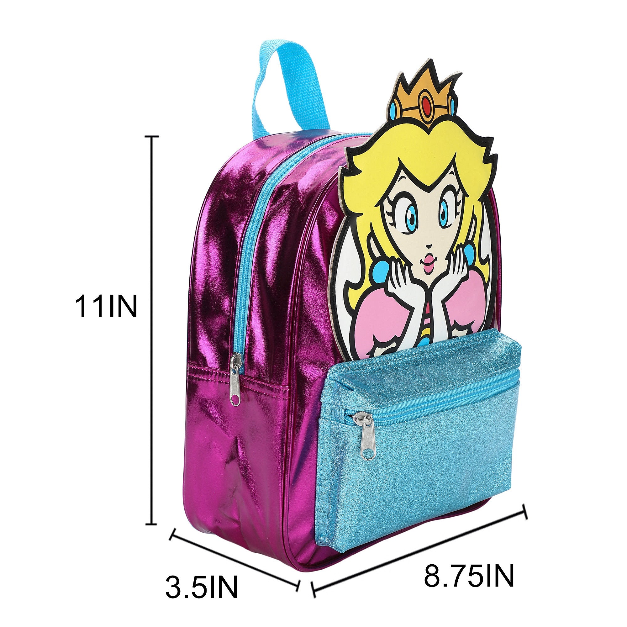 Super Mario Bros Girls Mini Backpack With 3D Clear PVC Applique and Glitter Pocket For Kids School