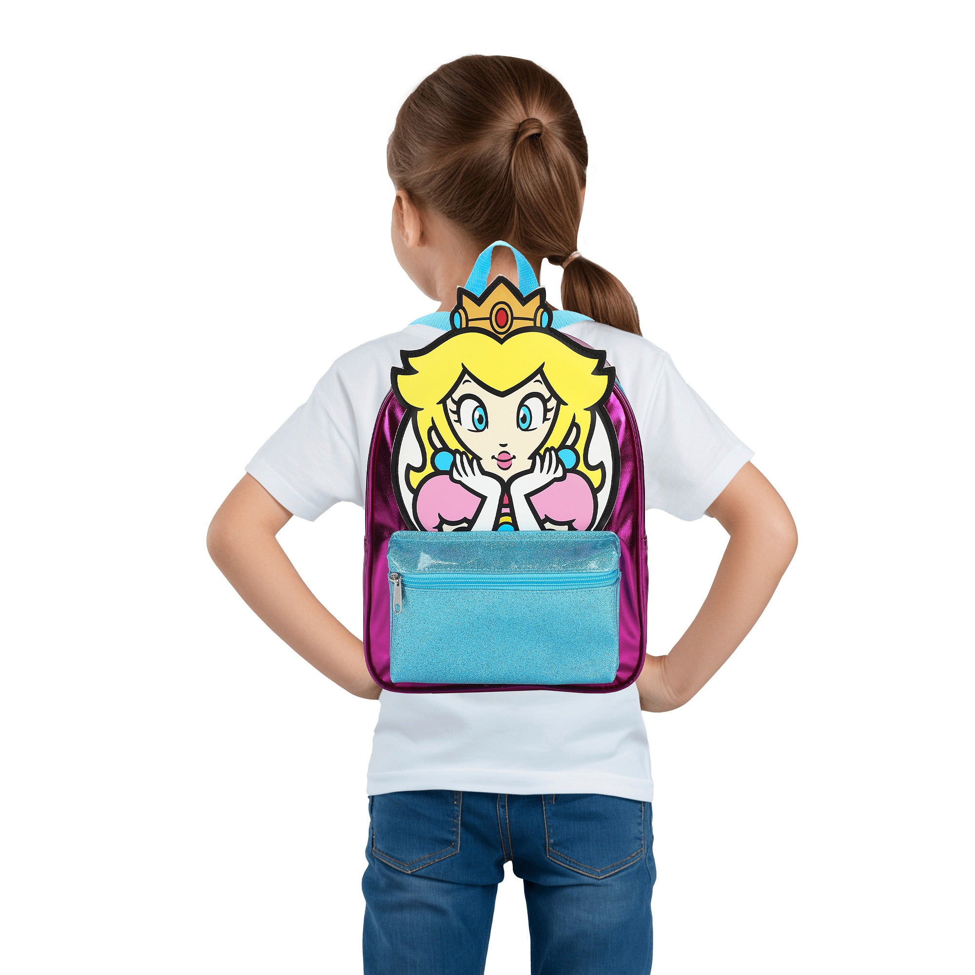 Super Mario Bros Girls Mini Backpack With 3D Clear PVC Applique and Glitter Pocket For Kids School
