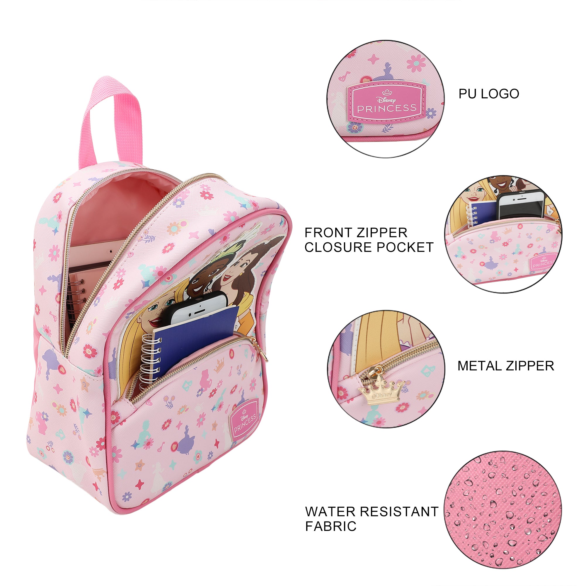 Disney Princess Rapunzel Belle & Tiana Pink 10.5" Mini PU Backpack