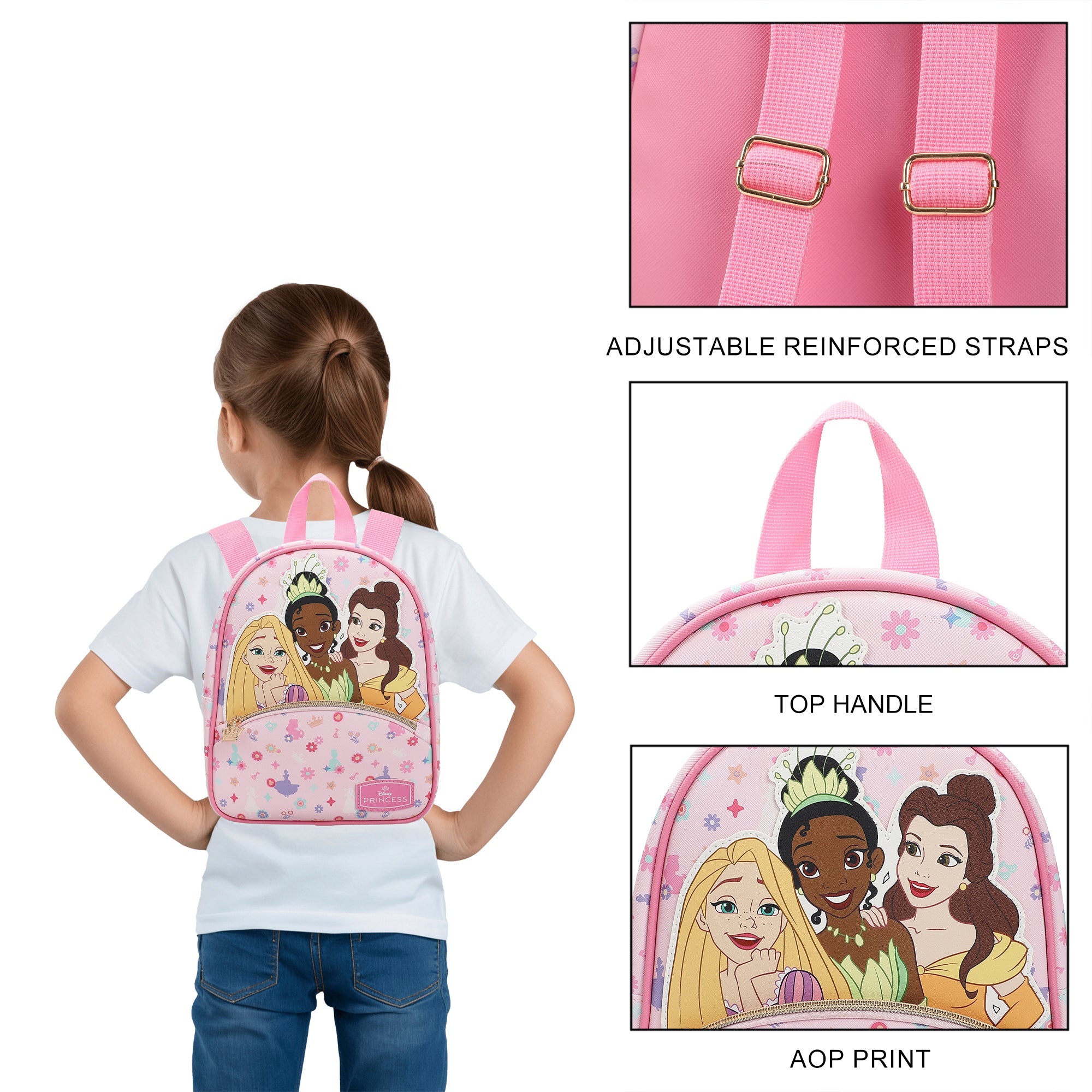 Disney Princess Rapunzel Belle & Tiana Pink 10.5" Mini PU Backpack