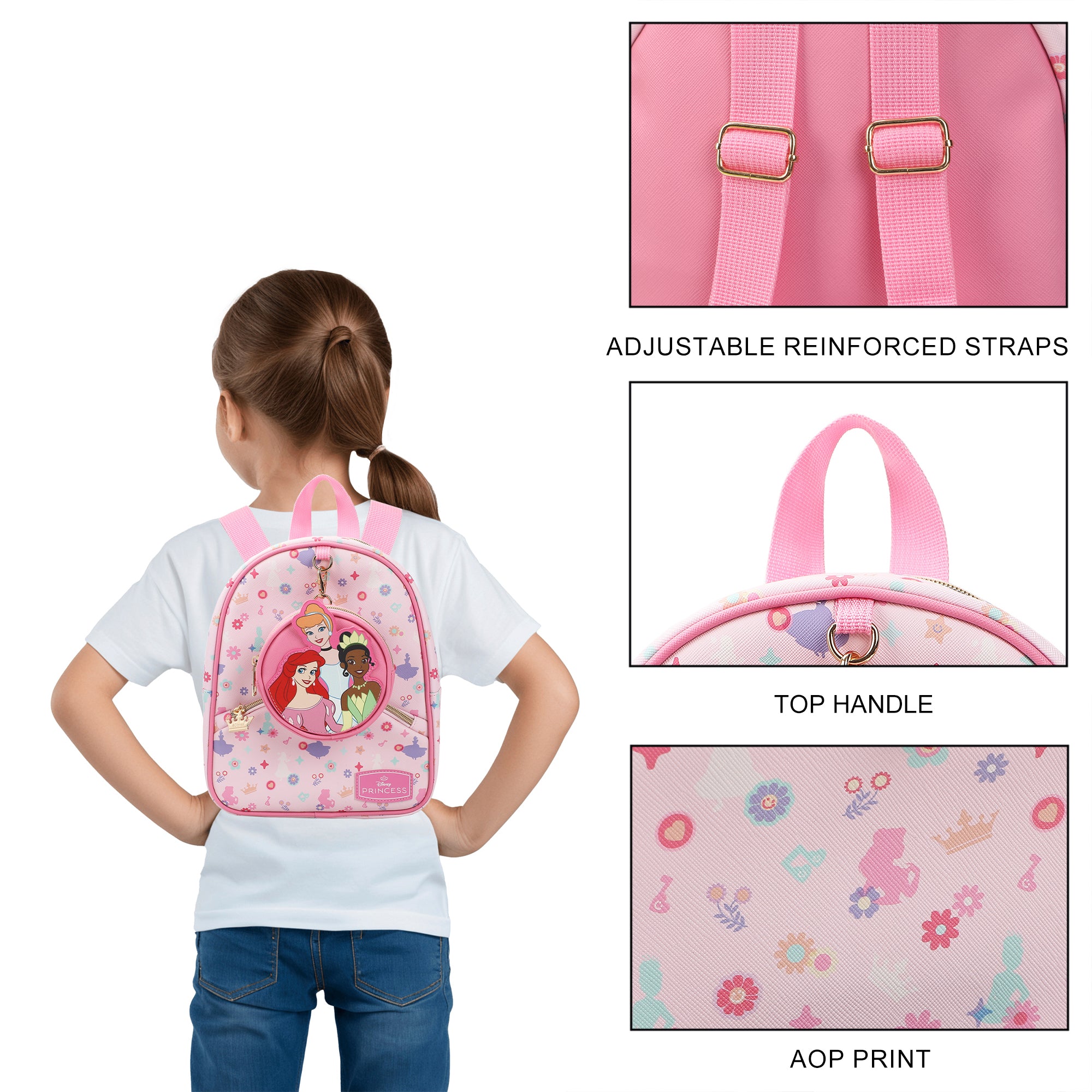 Disney Princess Ariel Cinderella & Tiana Pink 10.5" Mini PU Backpack for girls